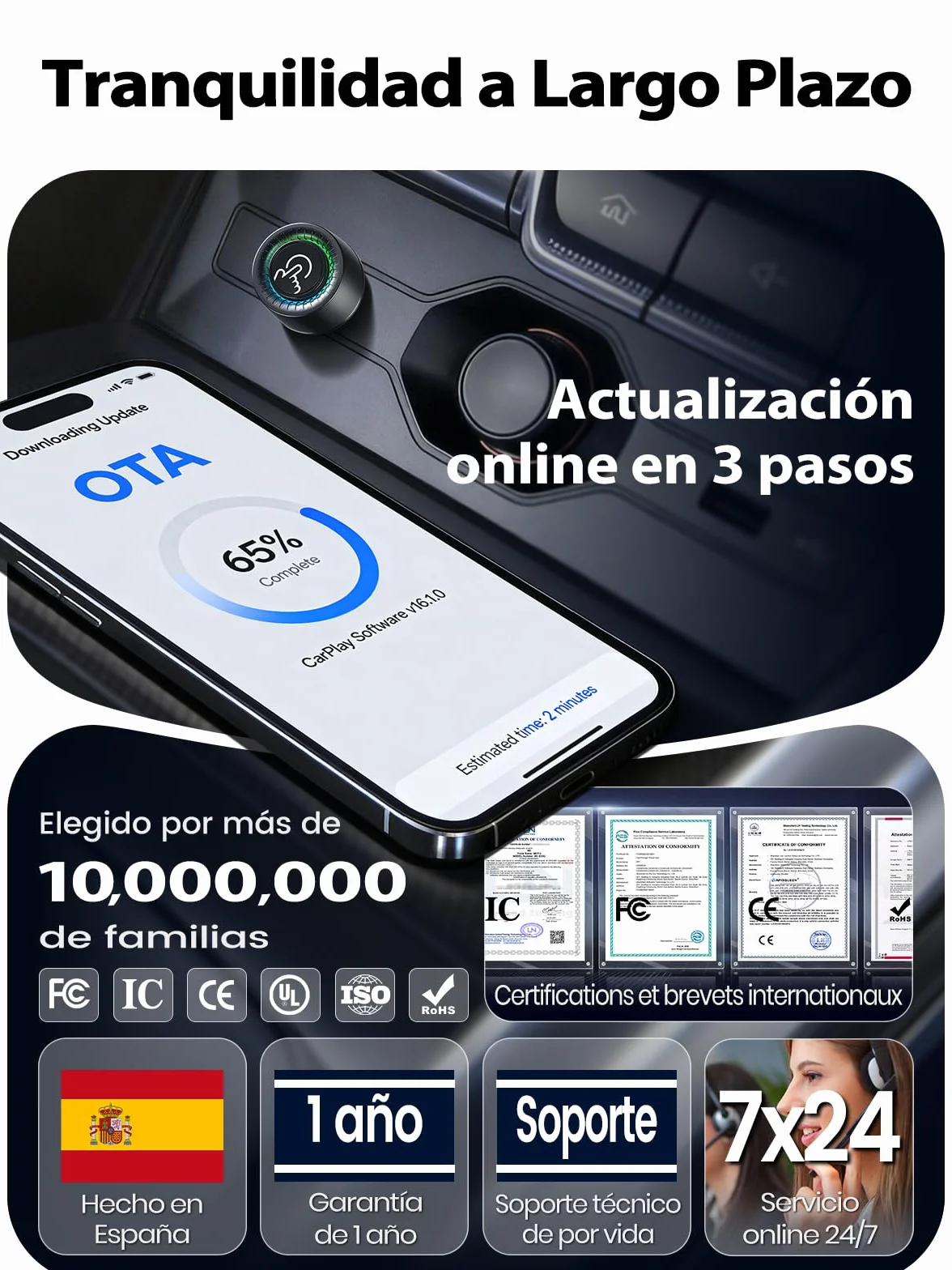 Adaptador CarPlay Inalámbrico - Cambio entre 2 Móviles con Botón, Android Auto Inalámbrico, Ultra Mini, Conexión Estable sin Sobrecalentamiento, Compatible con iPhone (iOS 10+) y Android 10+, USB-A/C