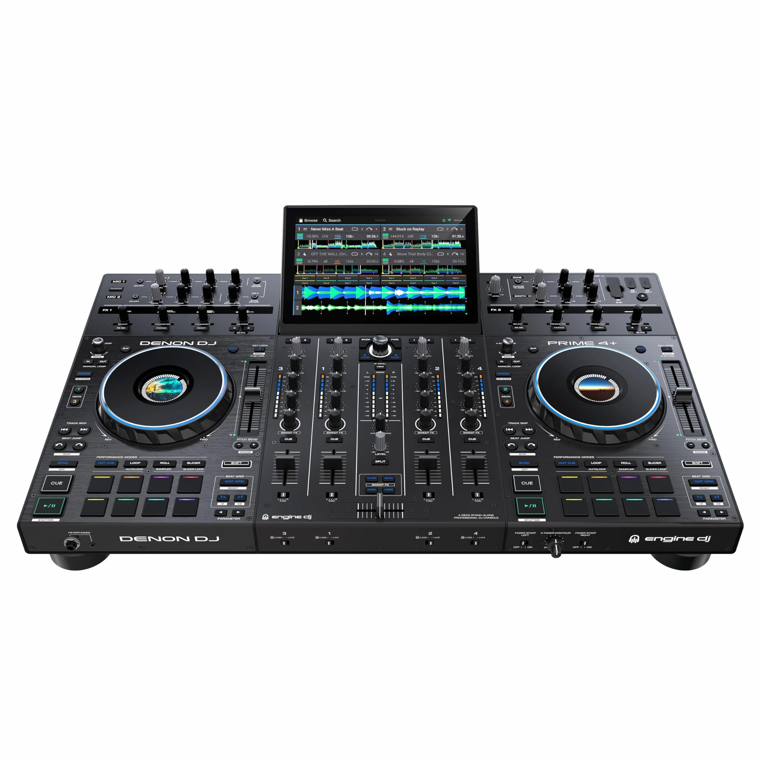 Denon DJ PRIME 4+ Controlador DJ Autónomo con Separación de Stems en 4 Decks, Streaming por WIFI, Mezclador, Pantalla Táctil 10.1-Pugadas, Control de Luces, Negro