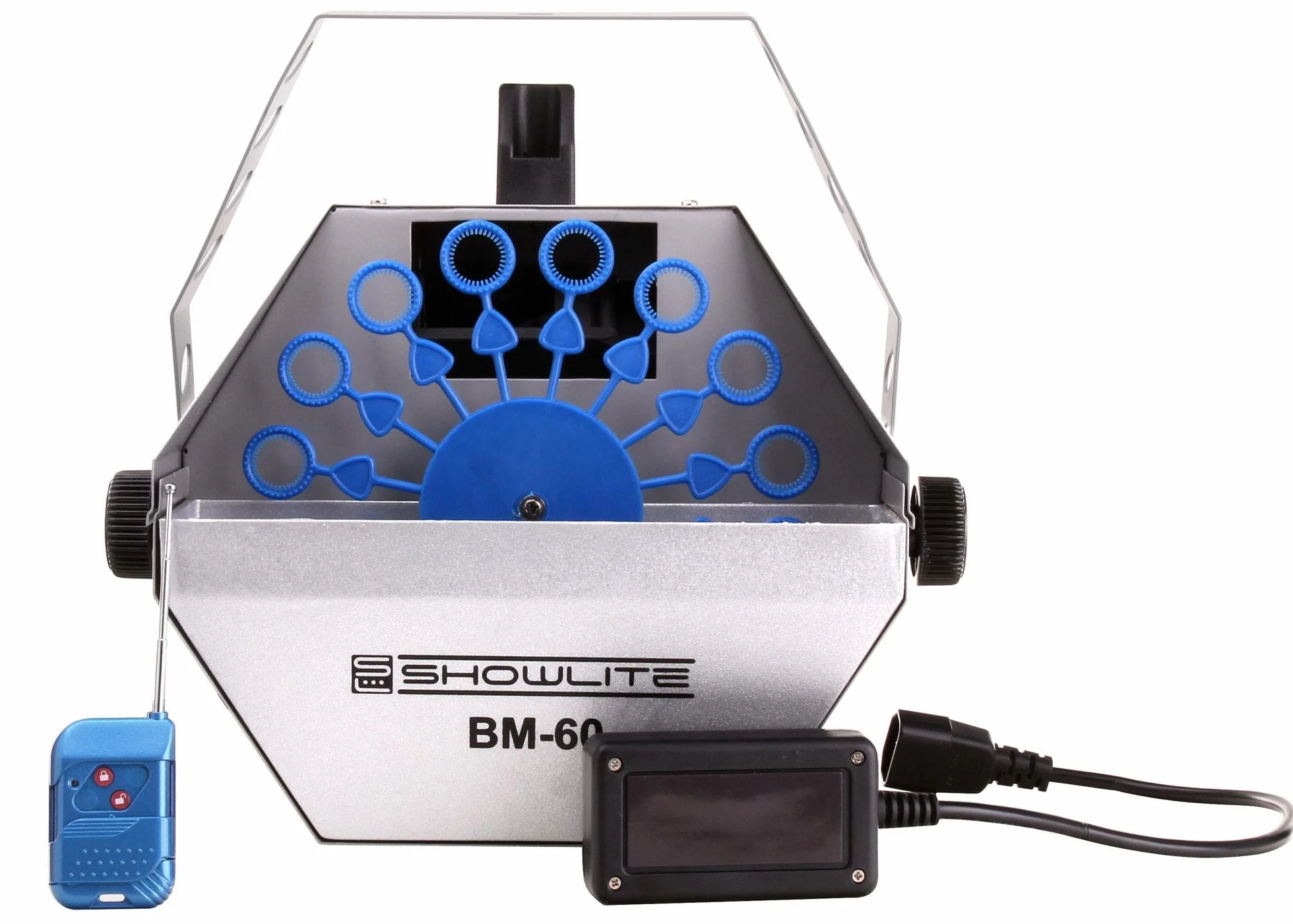 Showlite BM-60 Máquina de Burbujas 60W con mando a distancia por radio y 1L Eurolite Fluido UV azul (tanque de 0,6l, 2-3 horas de duración con tanque lleno, efecto fiesta, Disco Bubbles)