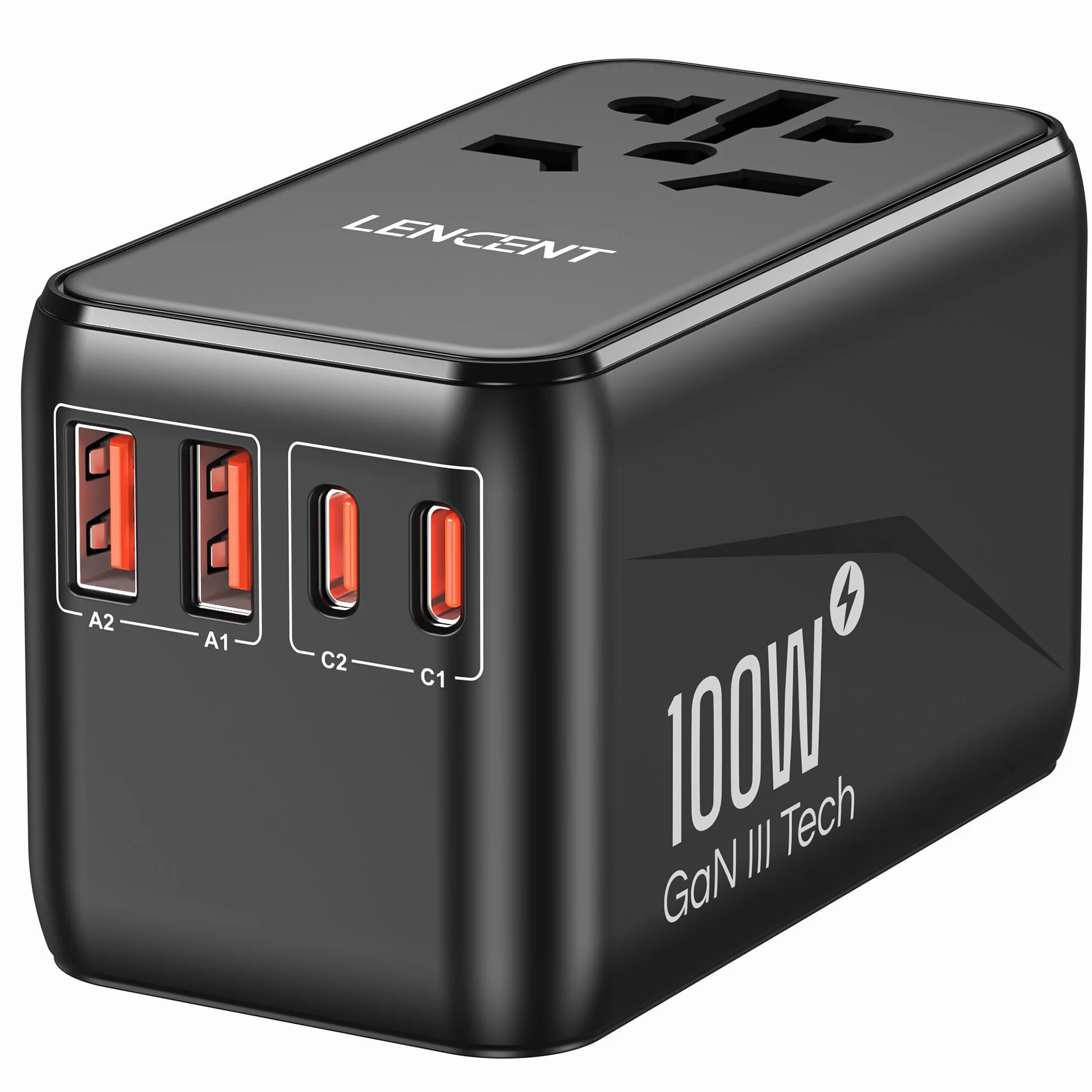 LENCENT Adaptador Enchufe Universal GAN III 100W, Cargador Internacional con 2 QC4.0 USB-A y 2 PD3.0 USB-C PPS Carga Rápida, Adaptador de Viaje para Móviles, Tabletas, Portátil, Tipo A/C/G/I, Negro