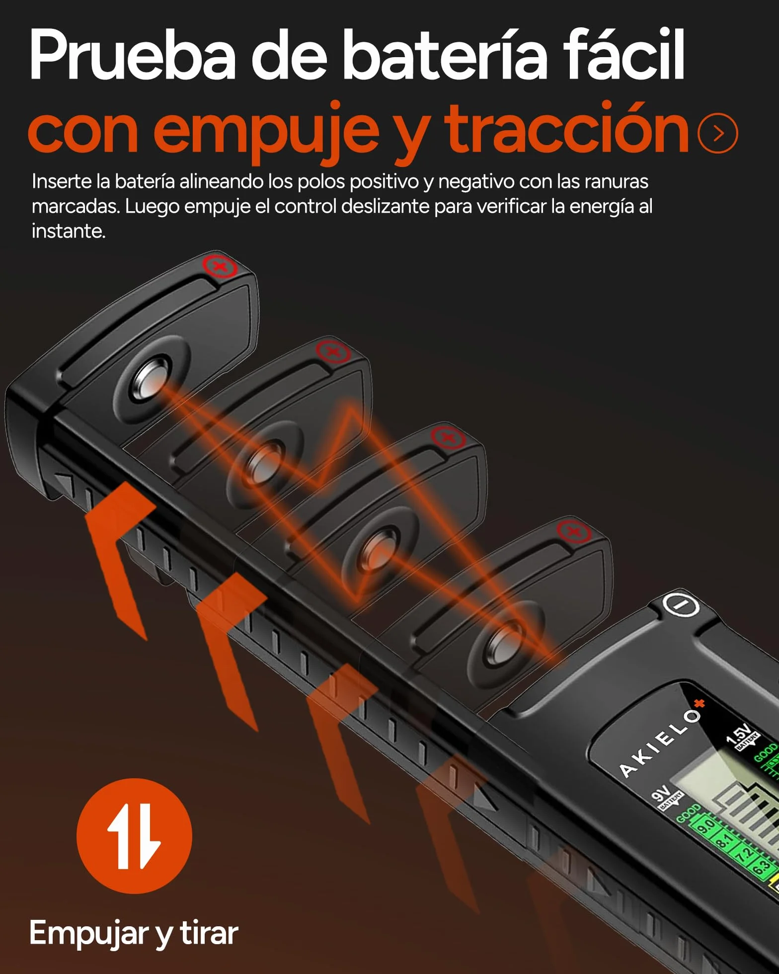 AKIELO+ Comprobador de Pilas Universal Digital – Pantalla LCD de Fácil Lectura – No Requiere Batería – Probador de Pilas Domésticas para AA AAA C D 9V y Pilas de Botón 1,5V
