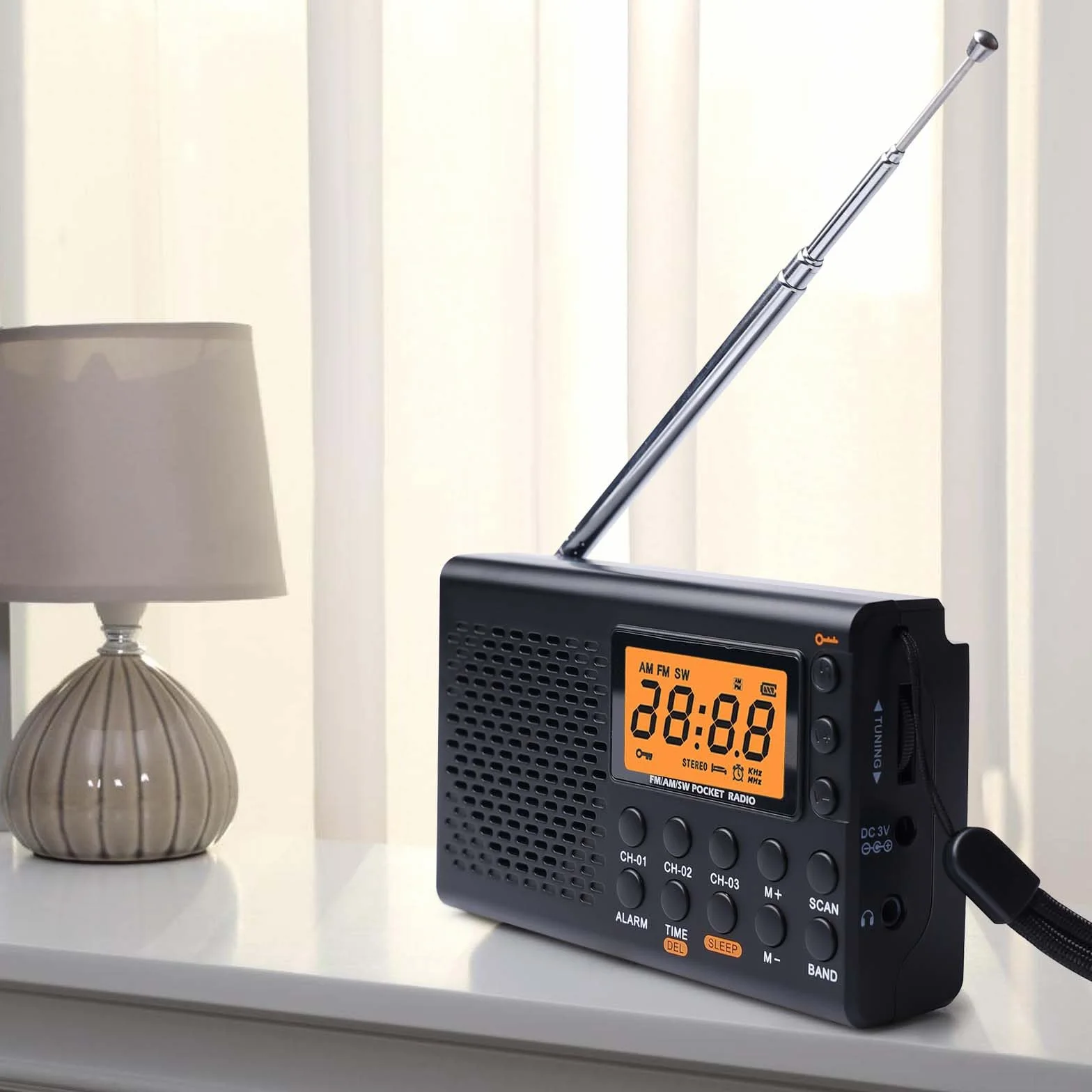 Radio portátil Am/FM/SW con Pantalla LCD, Funciona con Pilas, Altavoz Integrado, Alarma, Temporizador de Apagado automático, Conector para Auriculares, Radio de Cocina con 35 presintonías.