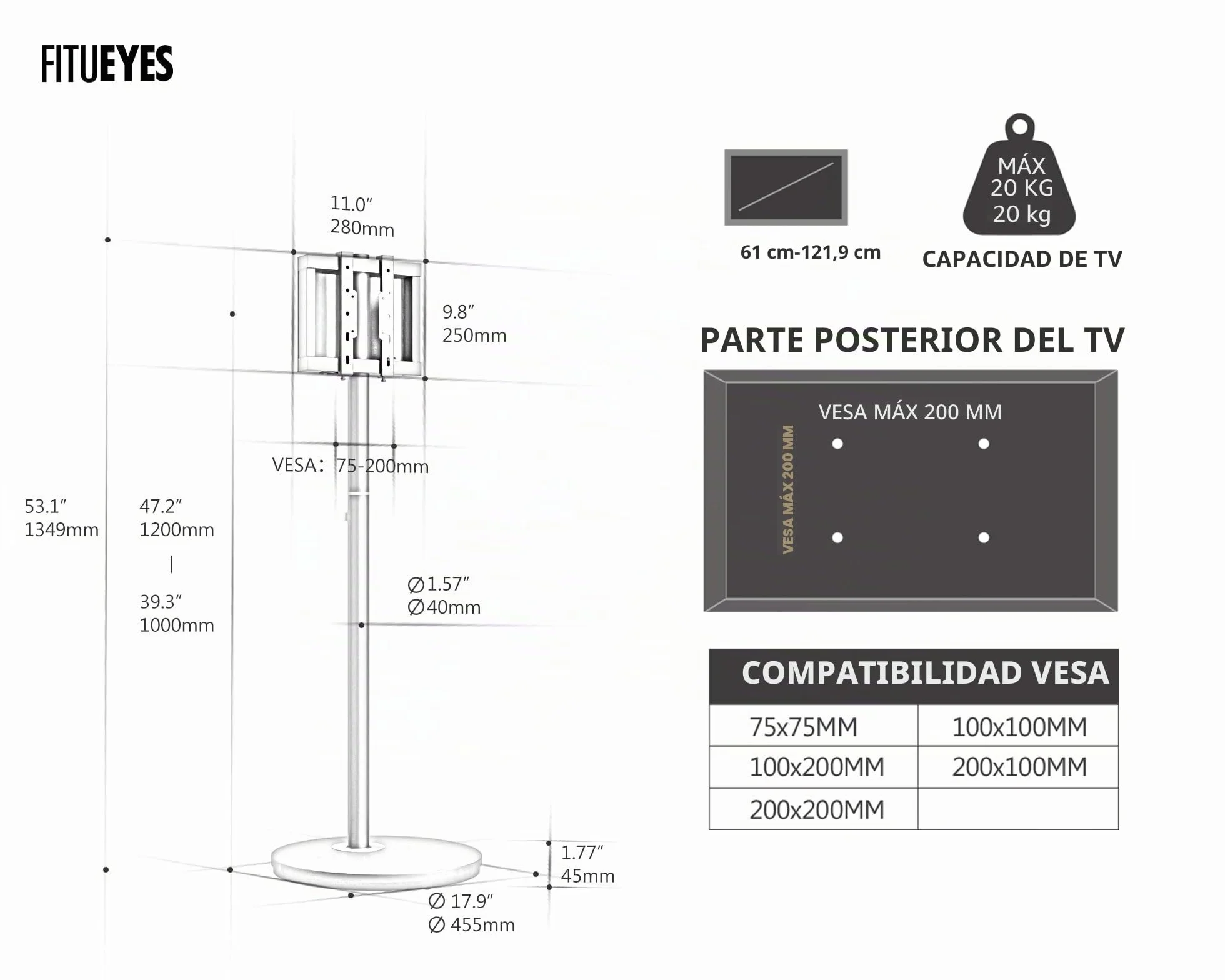FITUEYES Soporte TV Pie para TV 24-48 Pulgadas Altura Regulable VESA 200x200 mm 20 kg Negro