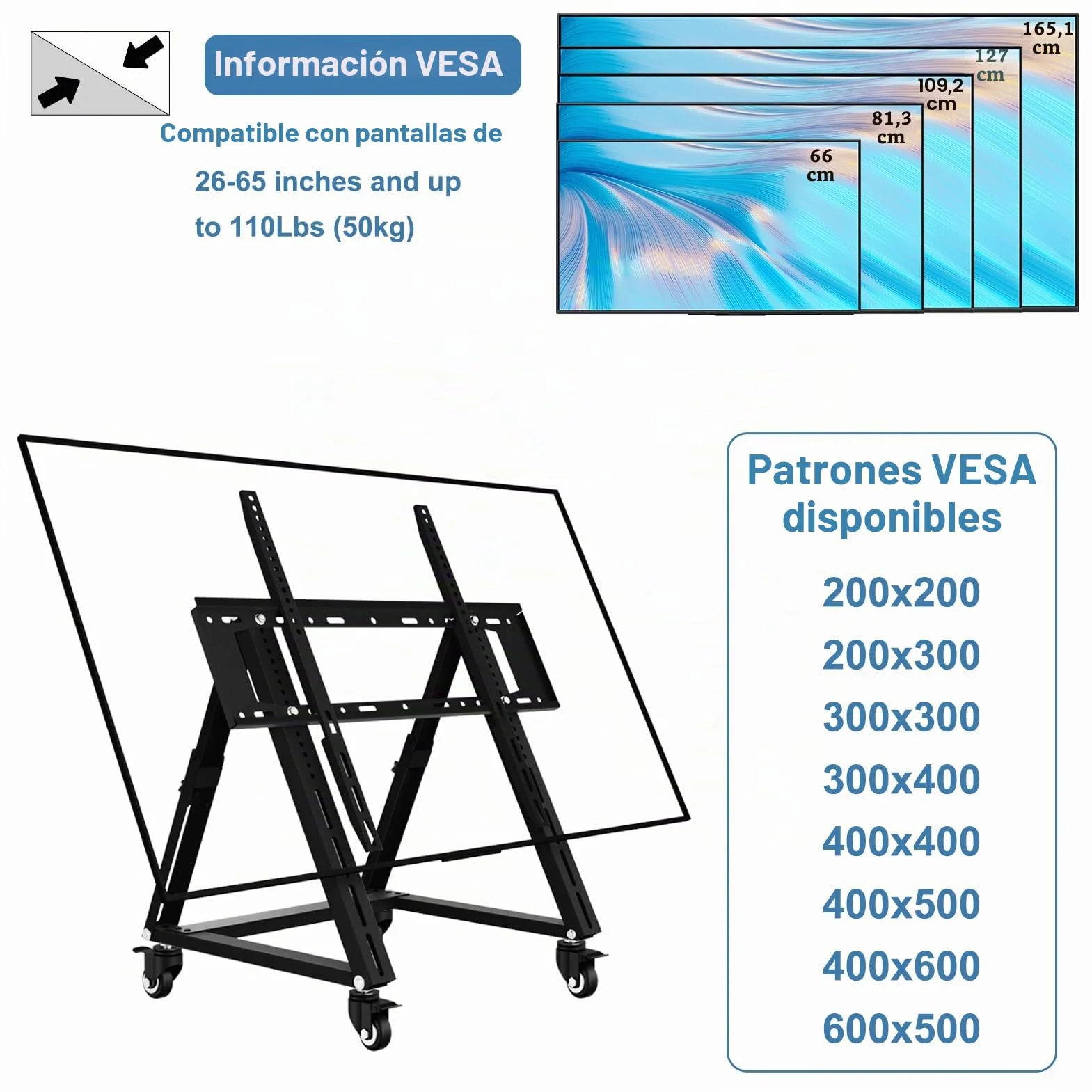 Soporte de TV móvil bajo para TV 26-65 pulgadas, altura ajustable, VESA 600x500, 50 kg