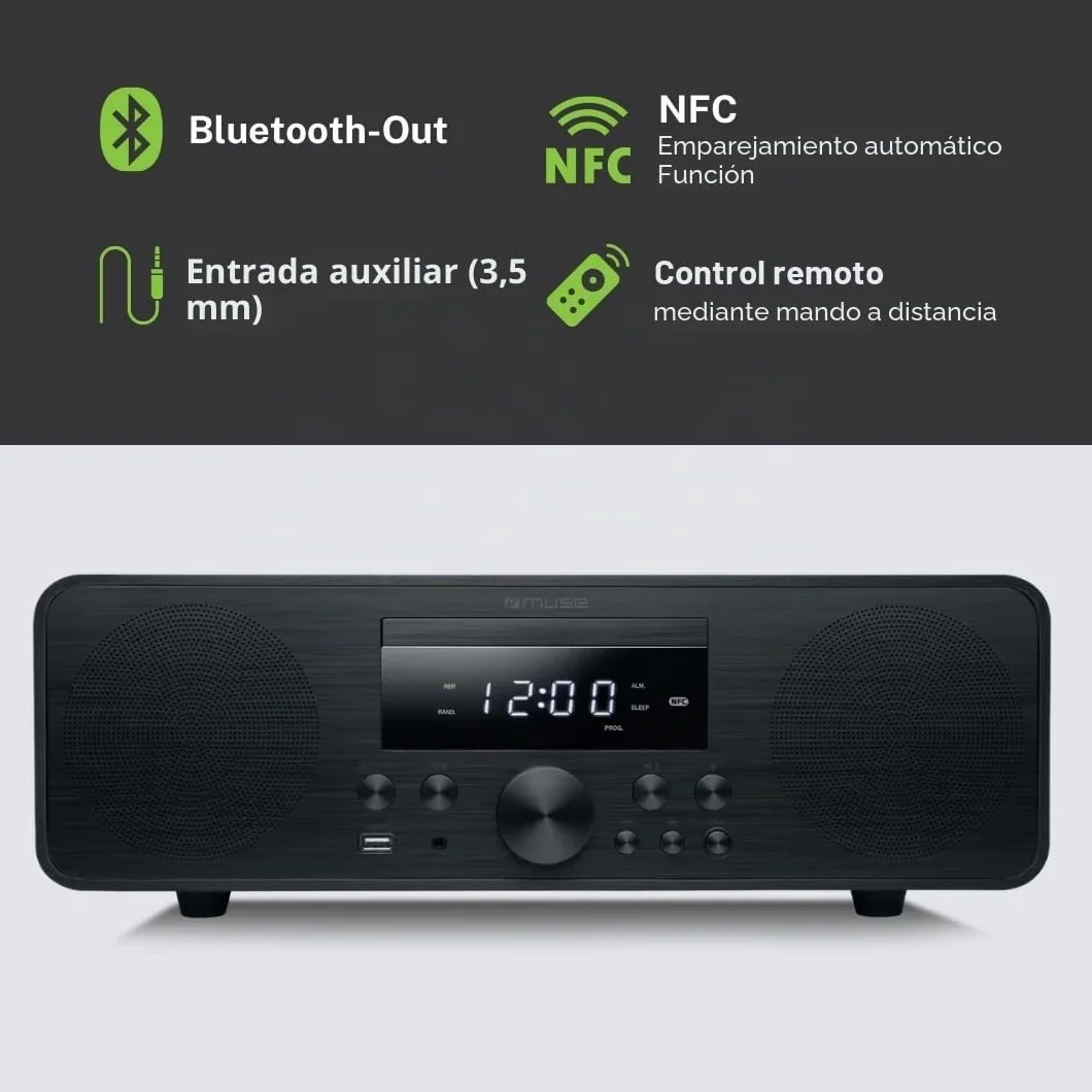 Muse M-880 FBC - Microsistema Bluetooth con CD, FM y USB, diseño de Madera con NFC y función Despertador. Radio FM PLL con 30 emisoras memorizables. Potencia de salída 80W.