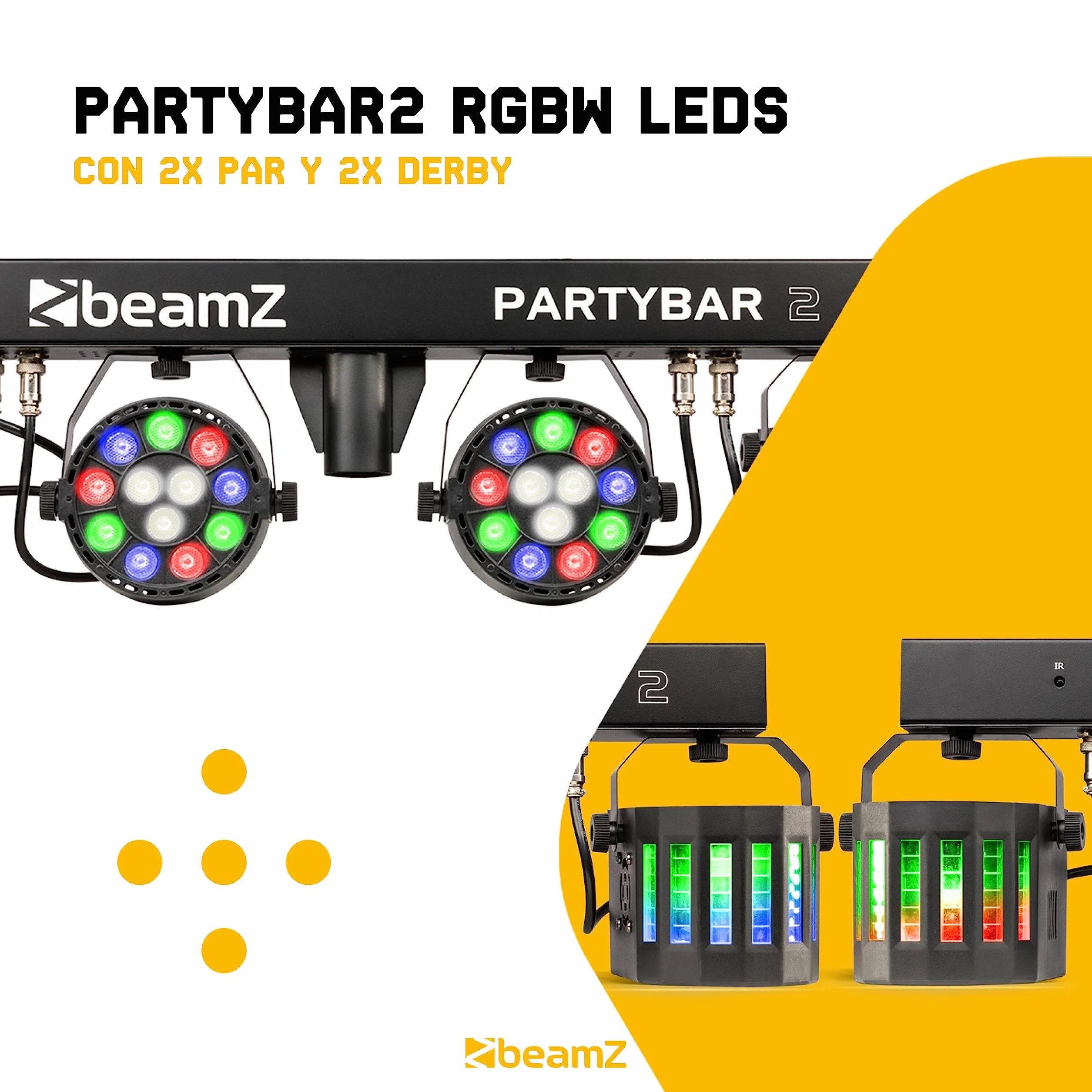 BeamZ Partybar2 - Sistema de iluminación con 2 focos PAR LED y 2 efectos Derby, control por sonido y DMX, programas automáticos, trípode incluido, ideal para fiestas, DJs, escenarios o eventos