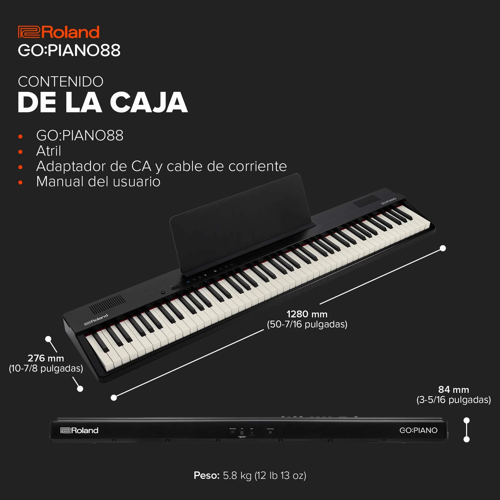 Roland GO:PIANO88 | Piano digital de 88 notas portátil y básico | Prestaciones prémium | Diseño ligero | Potentes funciones didácticas | Funcionamiento a pilas | Conexiones Bluetooth y MIDI