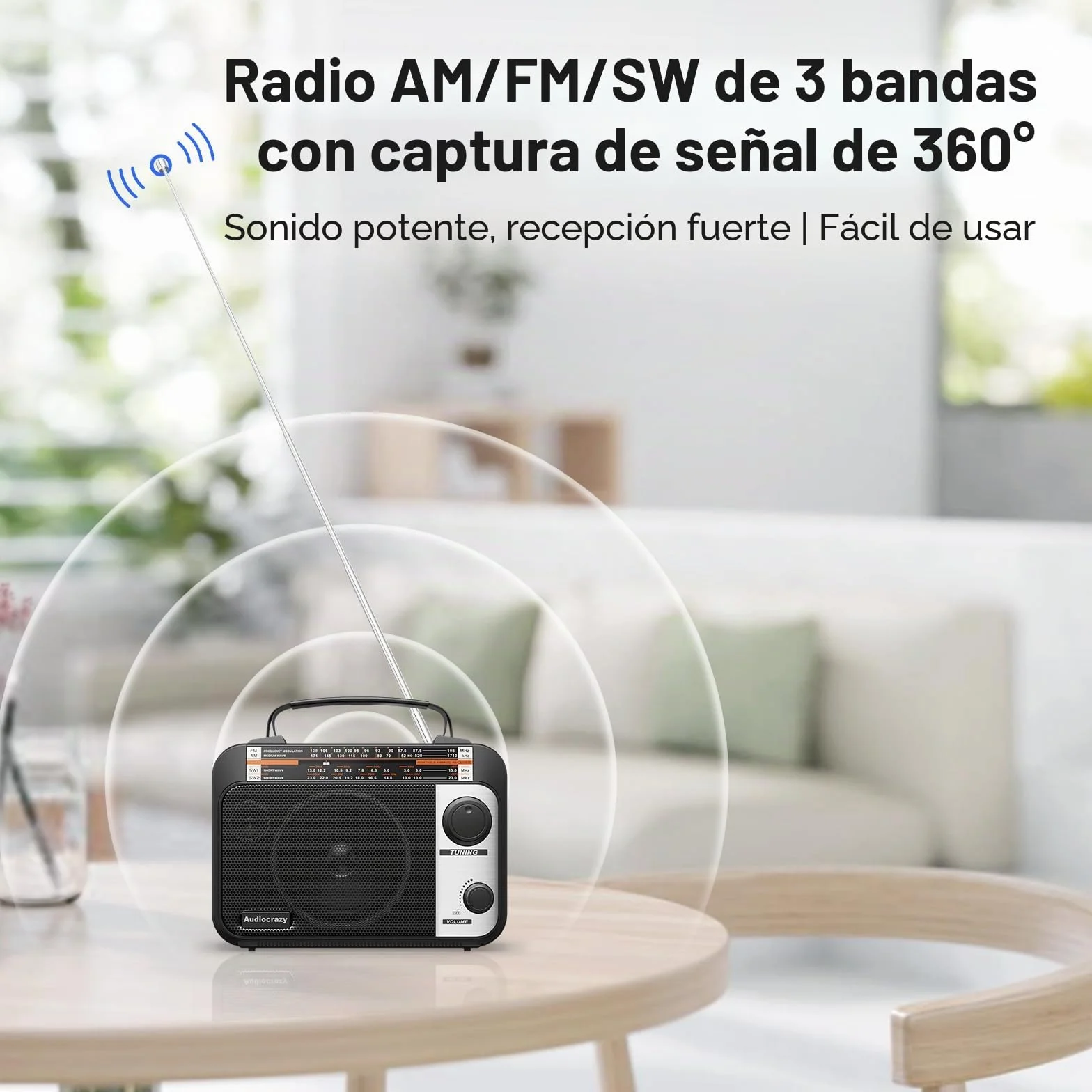 Radio Portátil FM/Am/SW 1-2, con Batería Recargable de 1000 mAh, Cable CA o Pilas, Radio Multibanda de Onda Corta Aux/Entrada para Auriculares,Negro