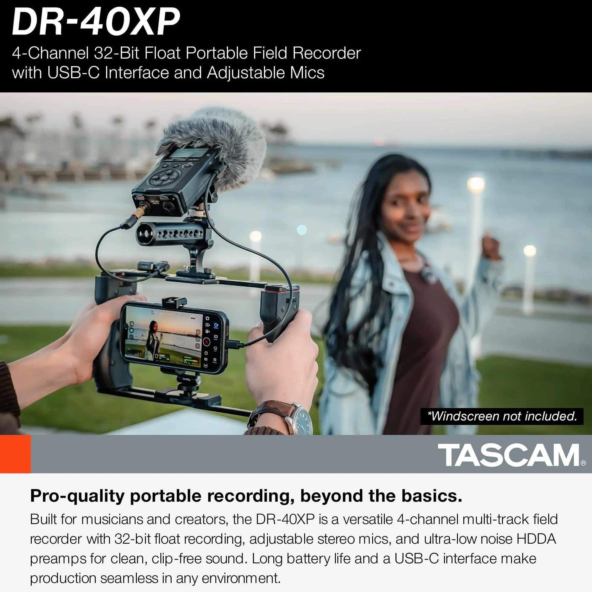 TASCAM DR-40XP - Grabadora portátil de campo de mano flotante de 4 canales de 32 bits e interfaz de audio USB-C, con 2 entradas XLR/TRS y micrófonos ajustables para música, audio para video y