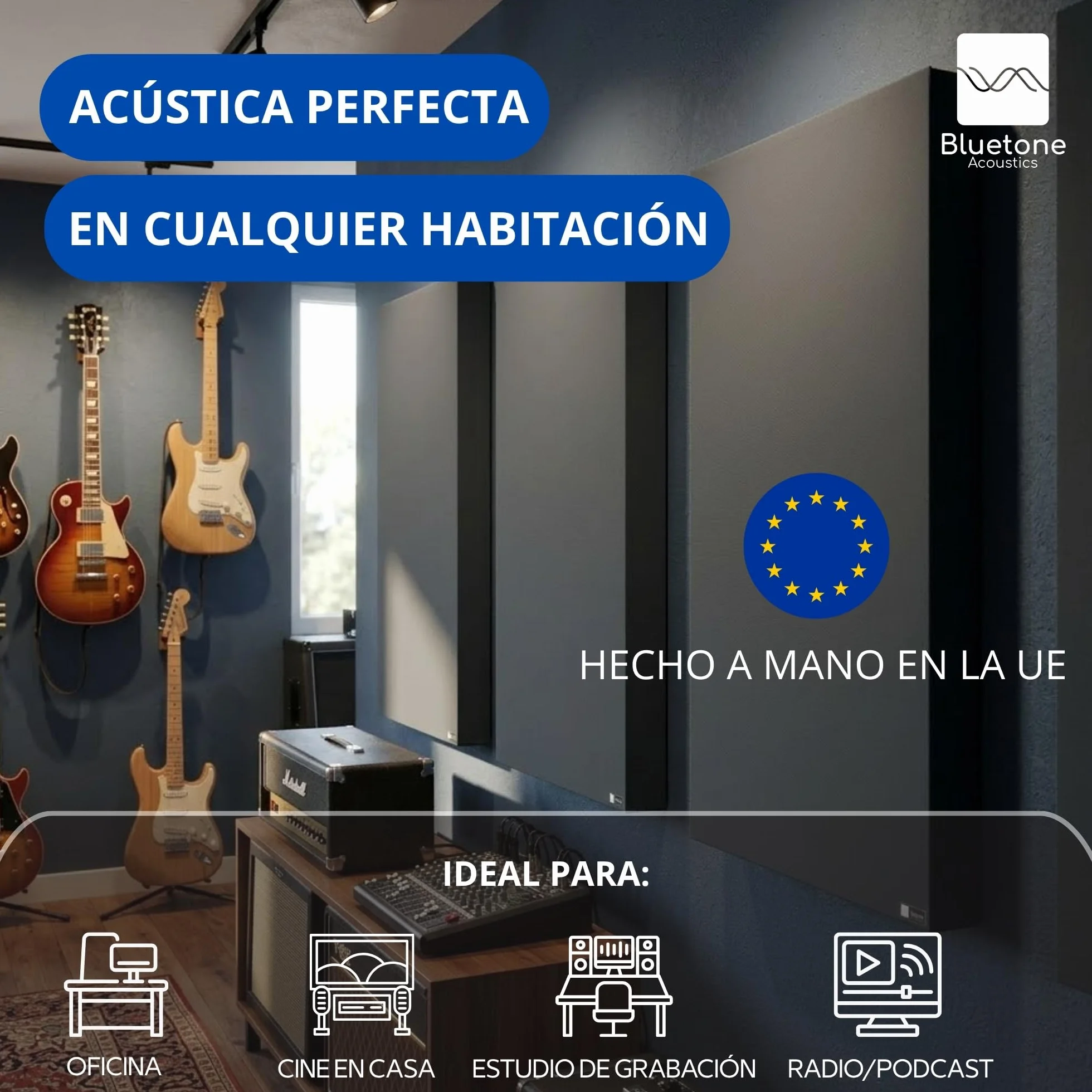 Bluetone Acoustics Studio Spectrum - Panel fonoabsorbente de Alta Eficiencia Premium - Paneles Acústicos para Paredes y Techos (100x50x10cm, Azul)
