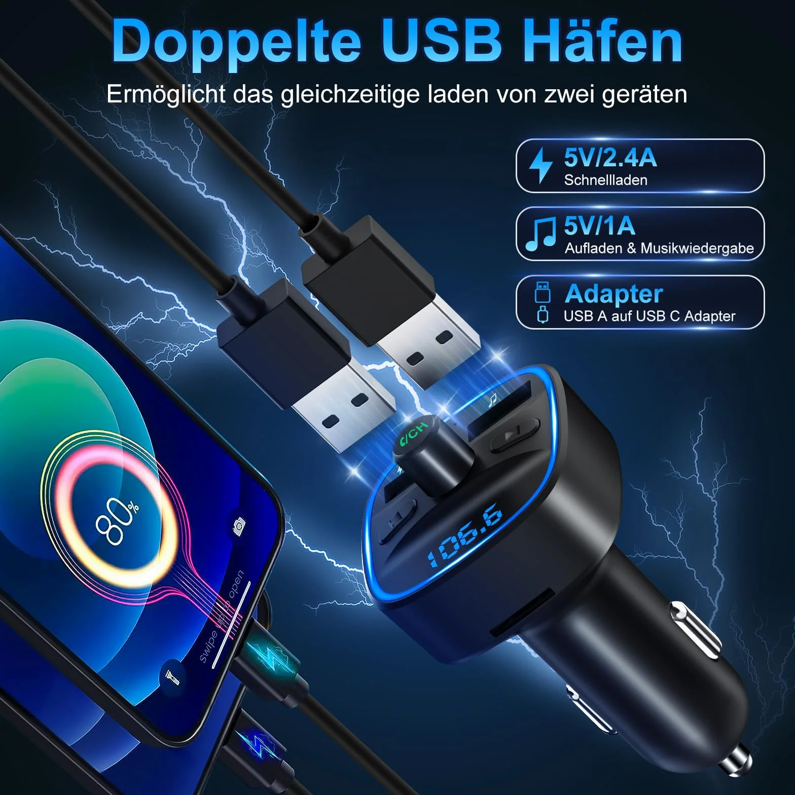 Transmisor FM Bluetooth para Coche, Bluetooth 5.3 Manos Libres Inalámbrico Reproductor Coche con Dual USB 5V/2.4A, Hi-Fi Reproductor Música Adaptador de Radio Soporte Tarjetas SD USB Flash Drive
