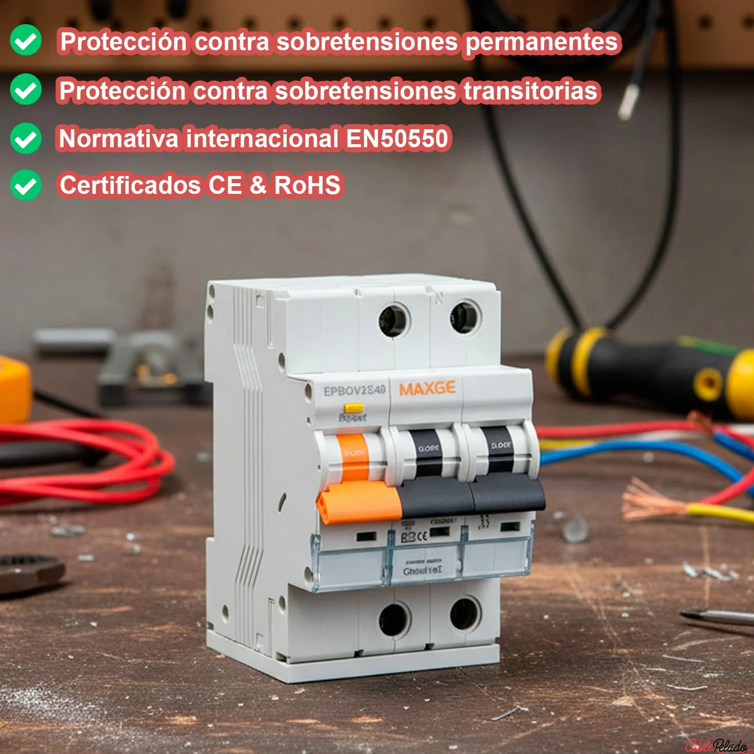 CABLEPELADO Protección combinada sobretensiones IGA permanente + transitoria Clase C | Norma EN50550 | Poder de corte: 1000A | 2P | 32 A