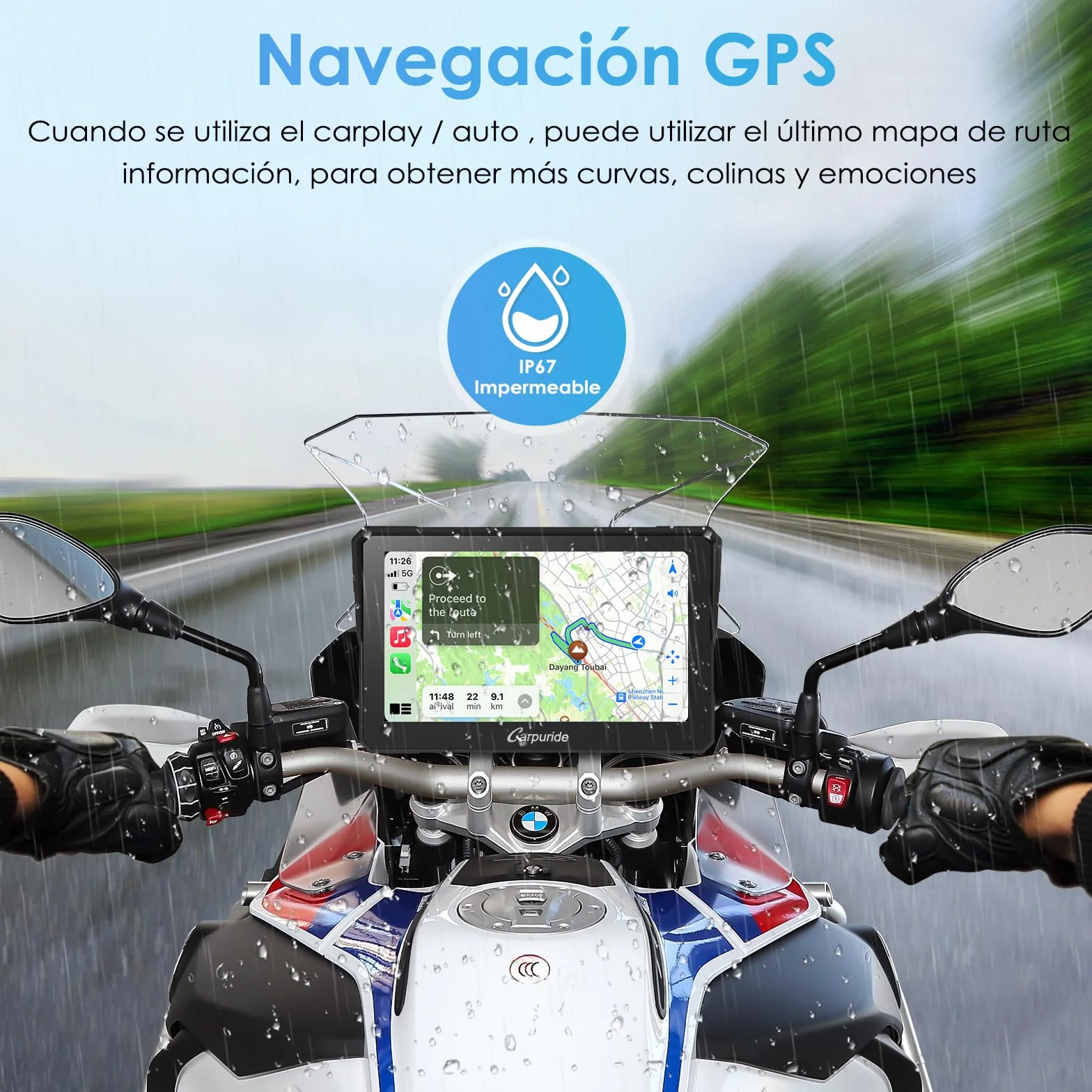 Carpuride W702B - Pantalla GPS Carplay para Motocicleta con Soporte Personalizado para BMW Motorbike, Inalámbrico CarPlay y Android Auto, Portátil 7 Pulgadas Impermeable Táctil Pantalla, Bluetooth