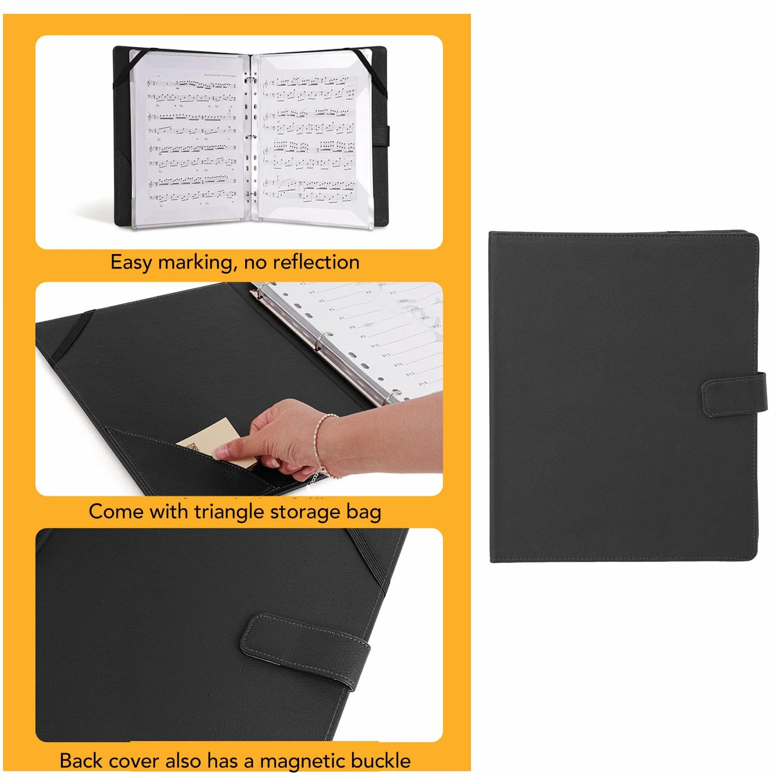Carpeta de Partituras, 30 Bolsas, 60 Páginas, Cuero PU, Tamaño A4 Carta, con Banda Elástica; para Coro, Músicos, Estudiantes, Clases y Ensayos