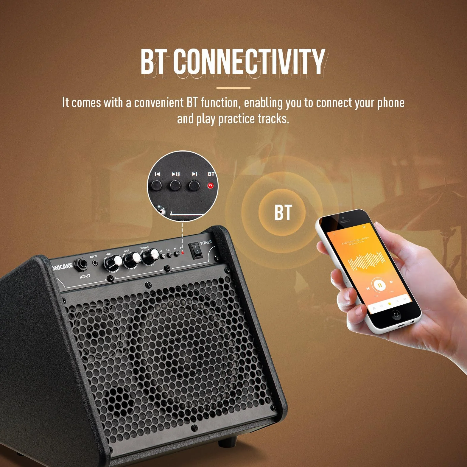 SONICAKE Amplificador para Batería Electrónica 20W Altavoz Bluetooth Portátil con Doble Altavoz