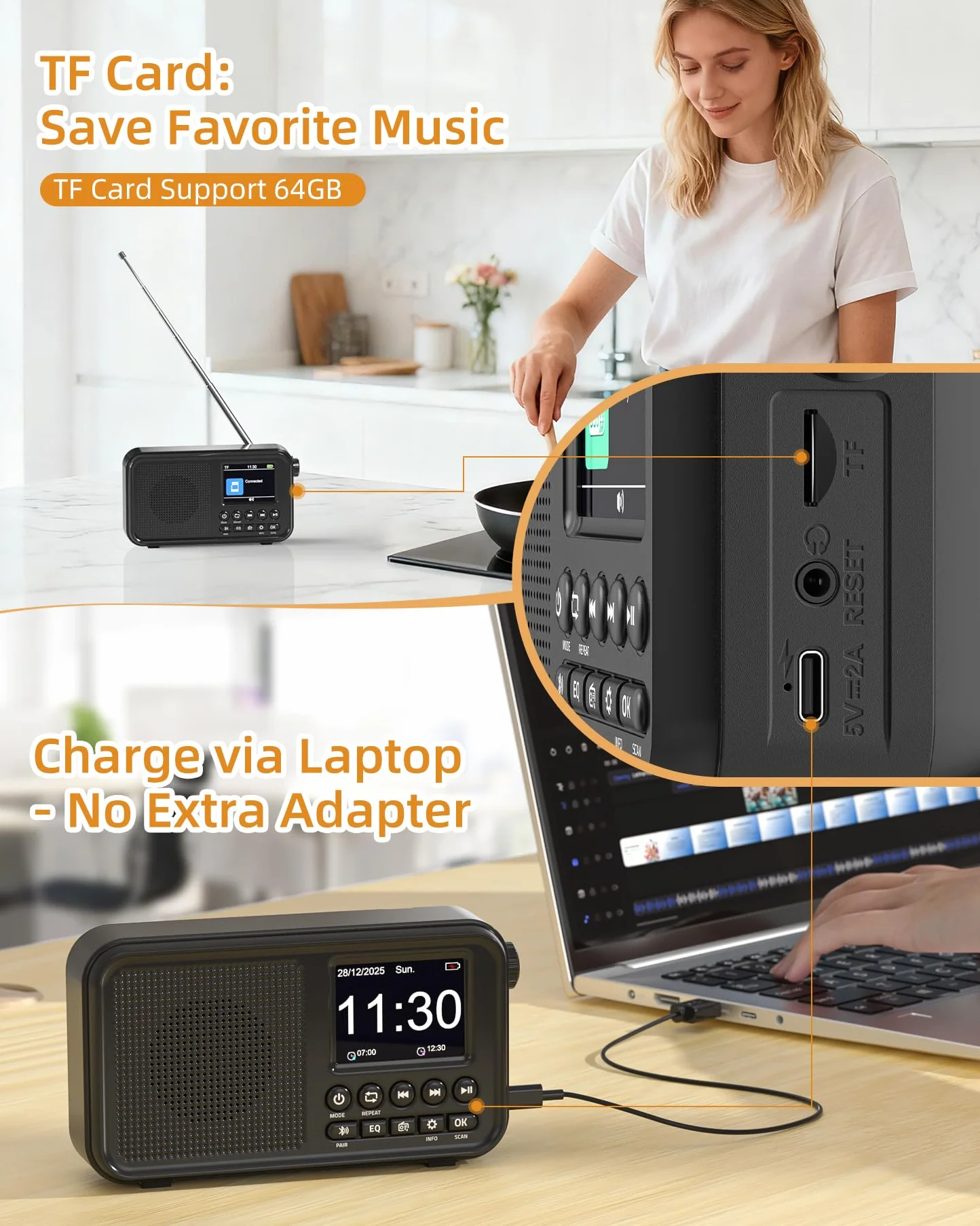 Mesqool Radio Digital Dab&FM con Bluetooth, Batería Recargable de 3000mAh, Compatibilidad con Tarjetas TF de 64GB, Carga Tipo C, Toma de Auriculares, 40 Presintonías FM & 40 Dab, Doble Alarma