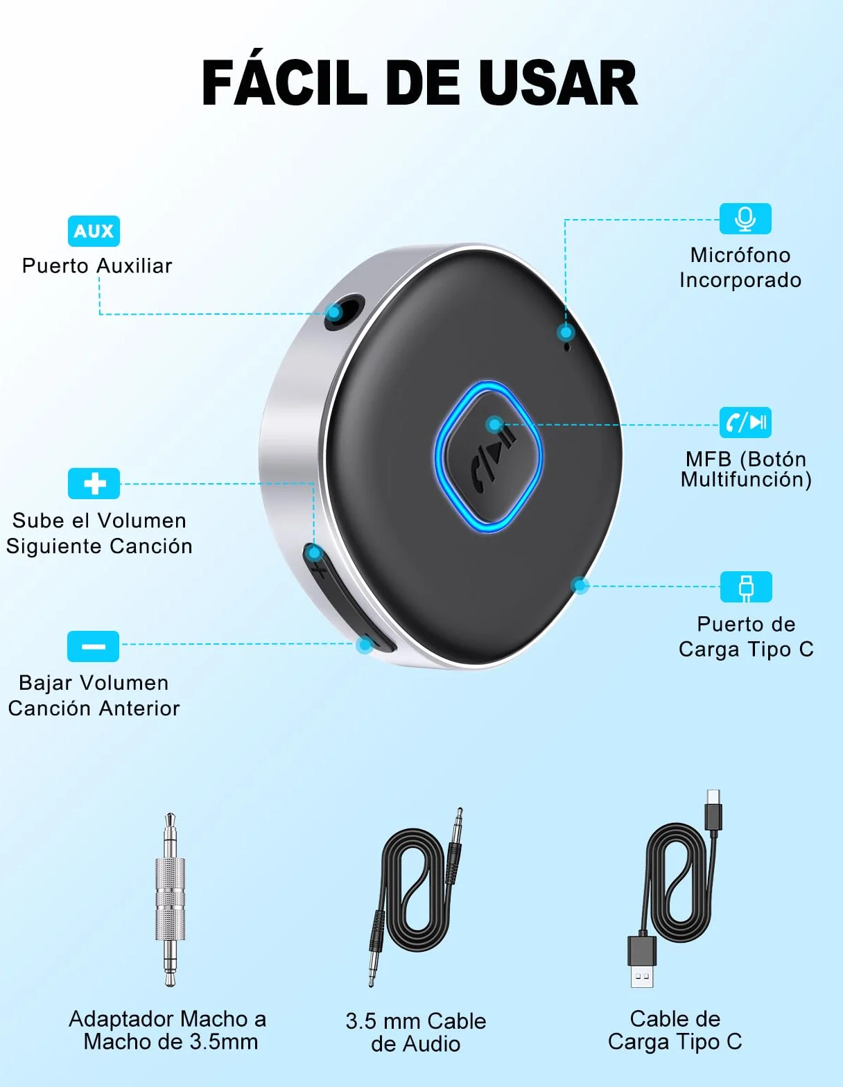 Mohard Receptor Bluetooth 5.0, AUX Adaptador Bluetooth Coche Audio Jack 3.5mm para Estéreo Domestico/Altavoz/Auriculares con Cable, Llamadas Manos Libres y Conexión Dual, Tiempo de Reproducción 16H
