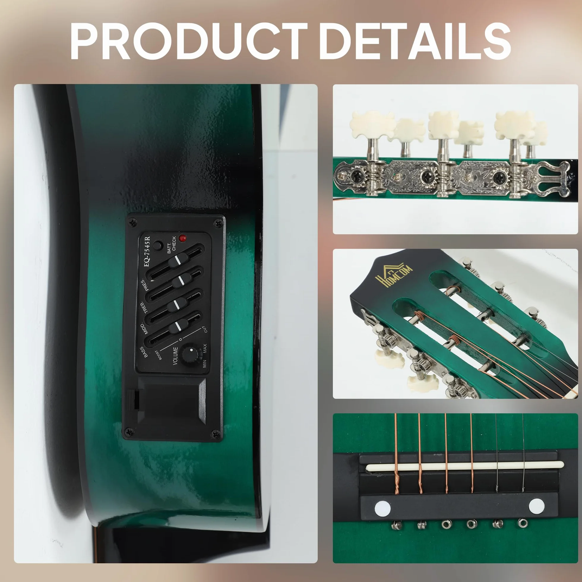 Guitarra acústica eléctrica HOMCOM de 38 pulgadas, guitarra clásica para principiantes y adultos jóvenes, acabado brillante, con estuche de transporte, correa, púas y cuerdas de repuesto - Verde