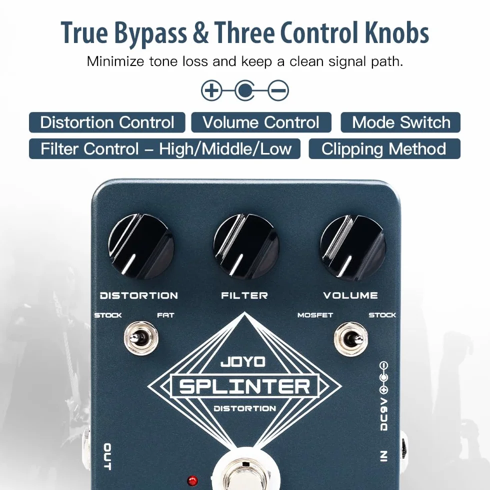 JOYO Pedal de Efectos de Guitarra de Distorsión con MOSFET Seleccionable y FAT Clipping, Distorsión de Refuerzo Grueso - True Bypass (SPLINTER JF-21)