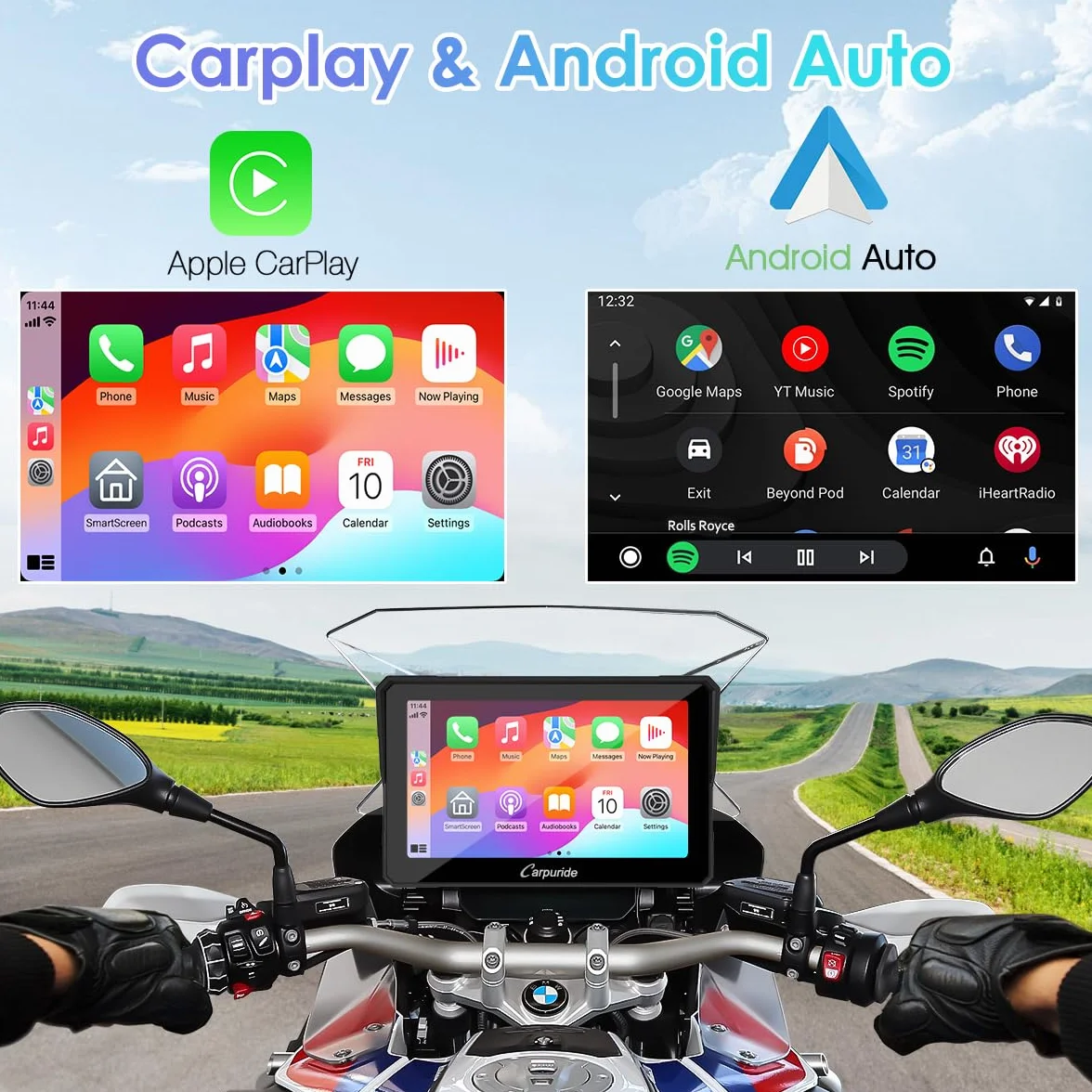 Carpuride W702B Pantalla GPS Carplay para Motocicleta 7 Pulgadas Impermeable Bluetooth