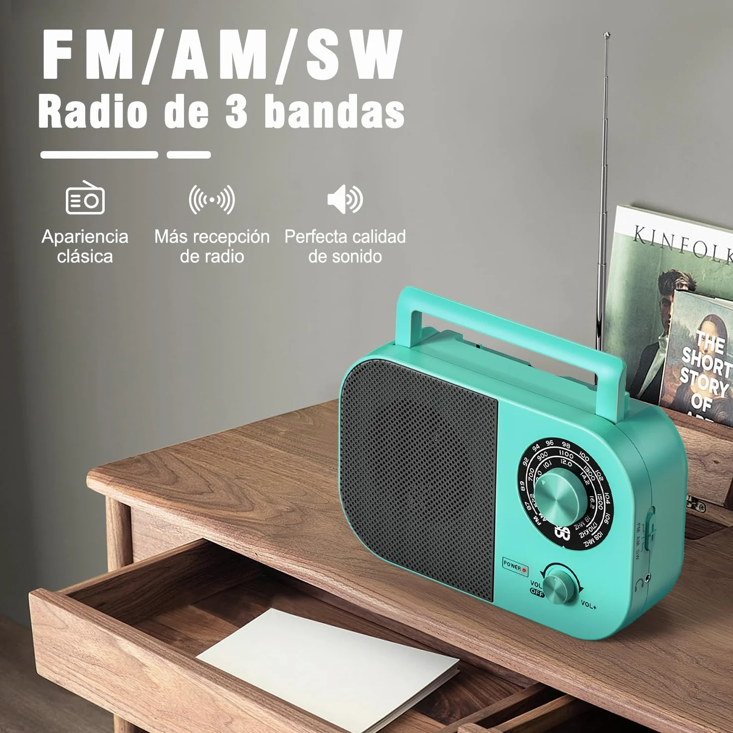 Radio portátil,Am,FM,SW,FM Radio Portátil con Fuente de Alimentación y Batería, Altavoz Integrado y Toma de Auriculares, Adecuada para Uso en Casa/Exterior/Camping/Emergencia.（Azul）