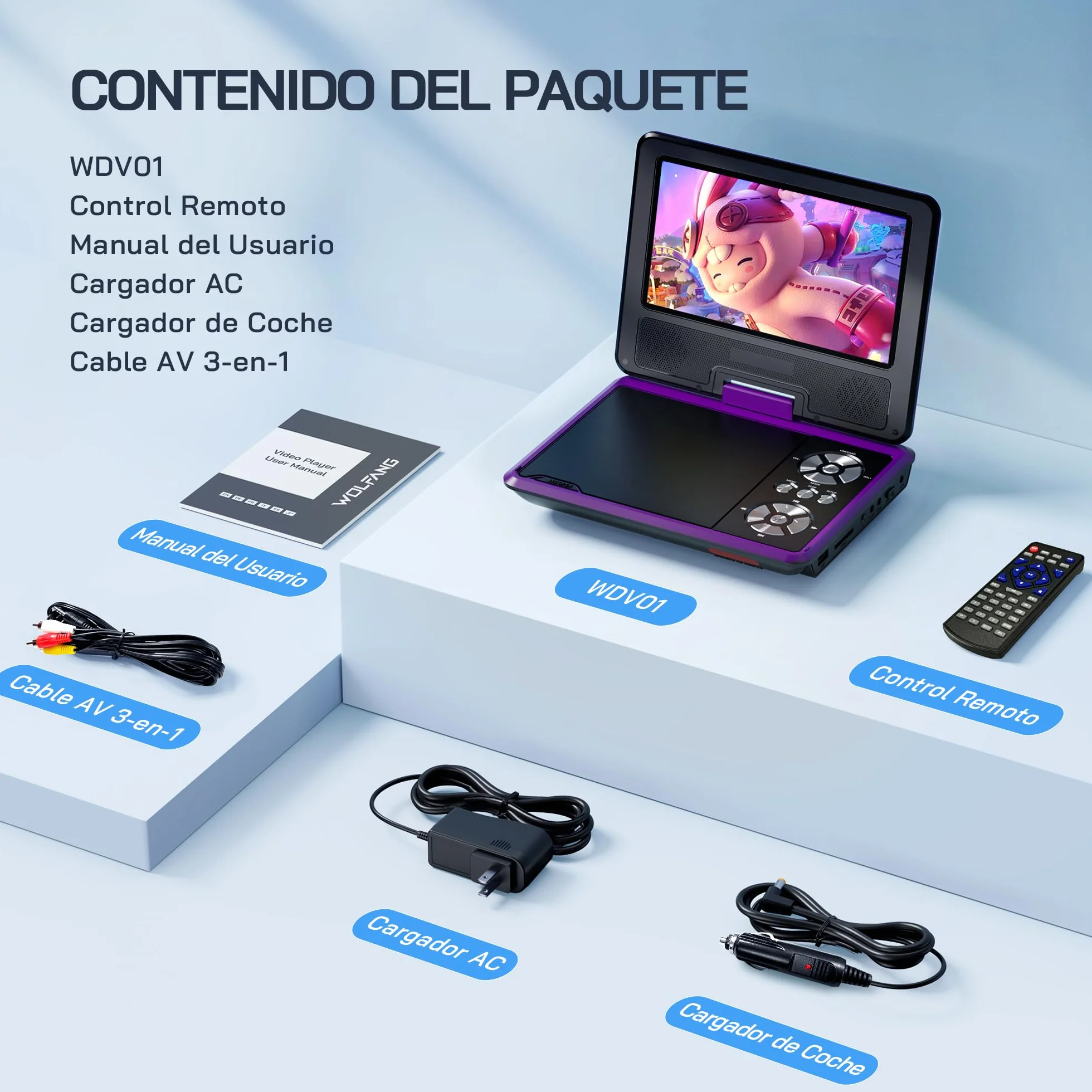 WOLFANG Reproductor DVD Portátil 9,5 Pulgadas Niños Coche Pantalla HD Giratoria 7,5 Pulgadas Altavoces Estéreo 6h Autonomía Púrpura