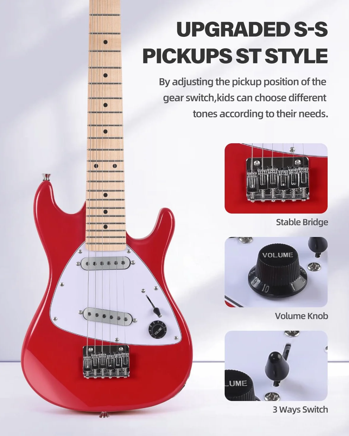 WINZZ - Kit de guitarra eléctrica para niños de 30 pulgadas, para principiantes, guitarra eléctrica mini de tamaño 1/4, conjunto completo de iniciación con amplificador, color rojo brillante