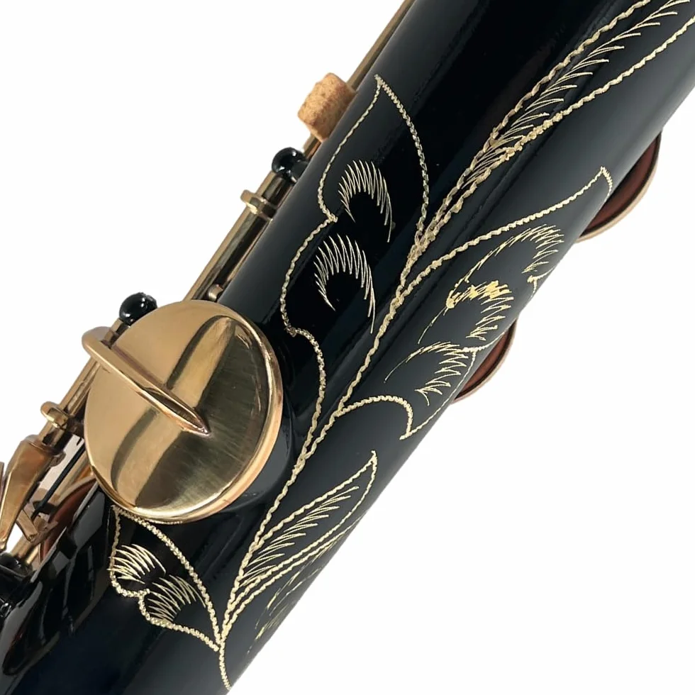 HUIOP Saxofón soprano recto de latón Saxofón Bb B Instrumento de viento de madera plano Patrón tallado de llave de concha natural con estuche de transporte Guantes Paño de limpieza Correas Varilla de