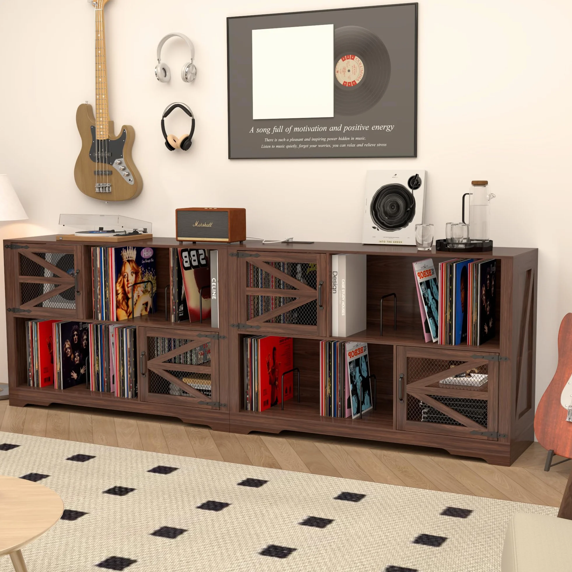 MDF Mueble para Discos de Vinilo con Acabado Nogal,Soporte para 500+ Vinilos, 2 Enchufes & 2 USB, Antivuelco, Mueble Compacto para Salón y Tocadiscos,Color Nogal