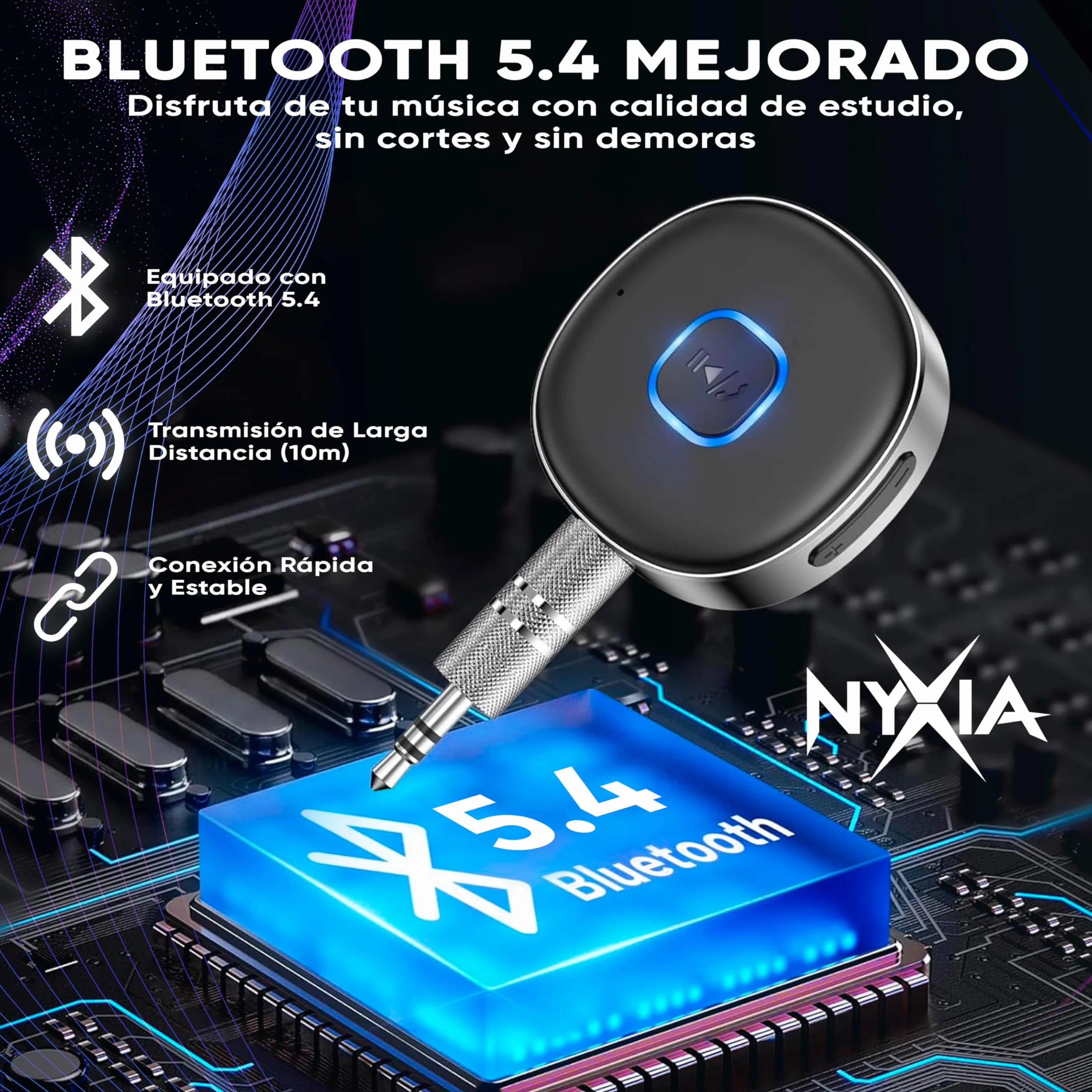 Nyxia® Receptor Bluetooth 5.4 Adaptador para Coche y AUX | Conexión Dual | Audio Jack 3.5 mm | Tiempo Reproducción 16H | para Altavoz | Estéreo Doméstico | Llamadas Manos Libres | Auriculares Cable.