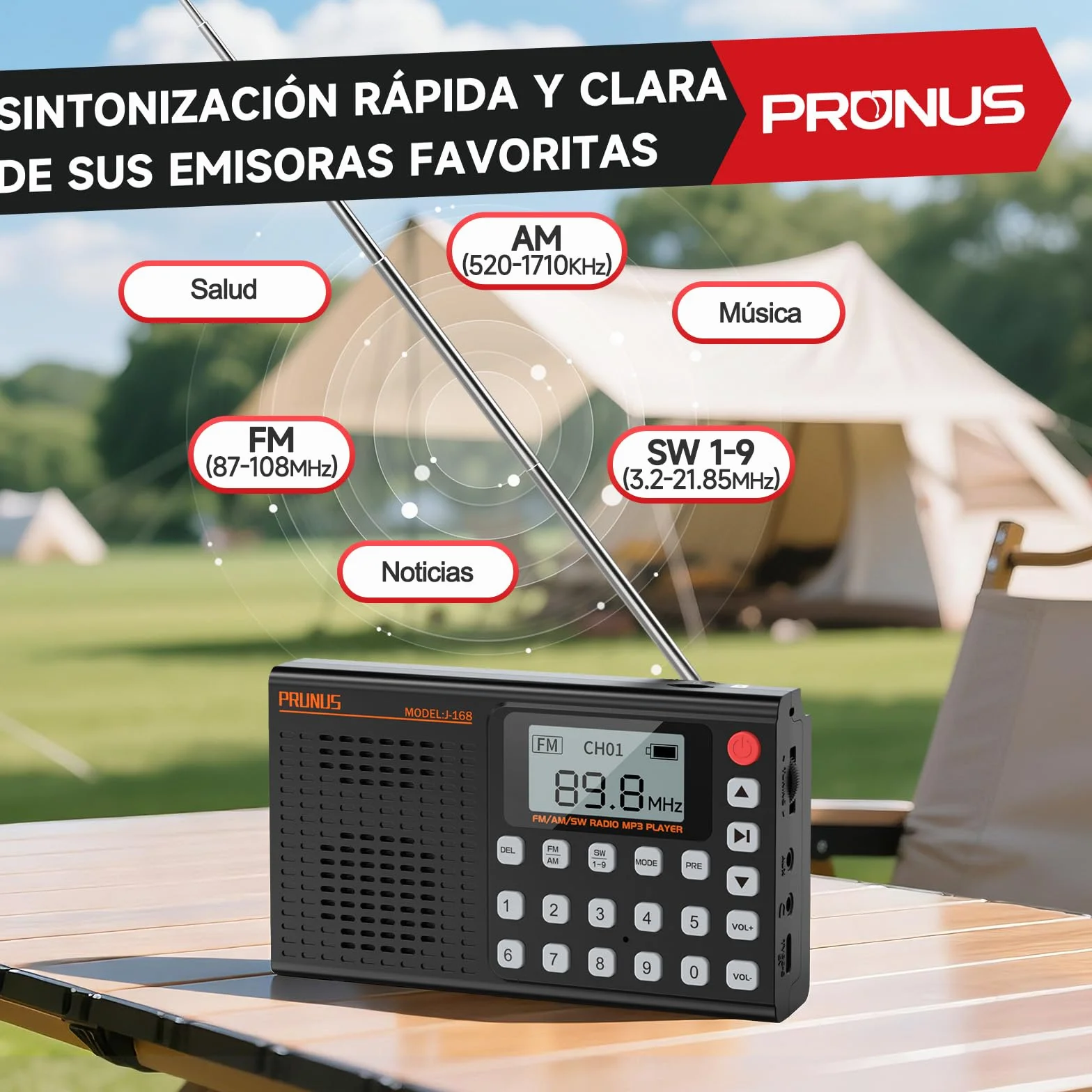 PRUNUS J-168 FM/Am/SW Radio Digital con Preajuste Manual, Radio Portatil Pequeña Recargable de 2000mah, Temporizador de Sueño, Excelente Recepción, Radios con Bluetooth 5.0, Reproductor de TF.