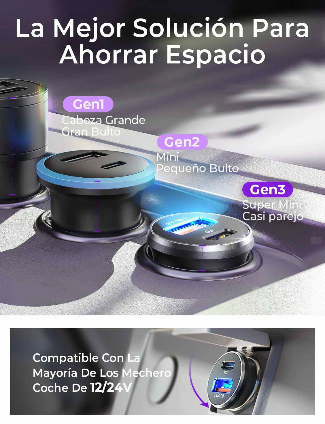 LISEN Cargador Coche Carga Rápida USB C 69W+60W Cable 12/24V para iPhone 17 16 Samsung S26 Kindle iPad