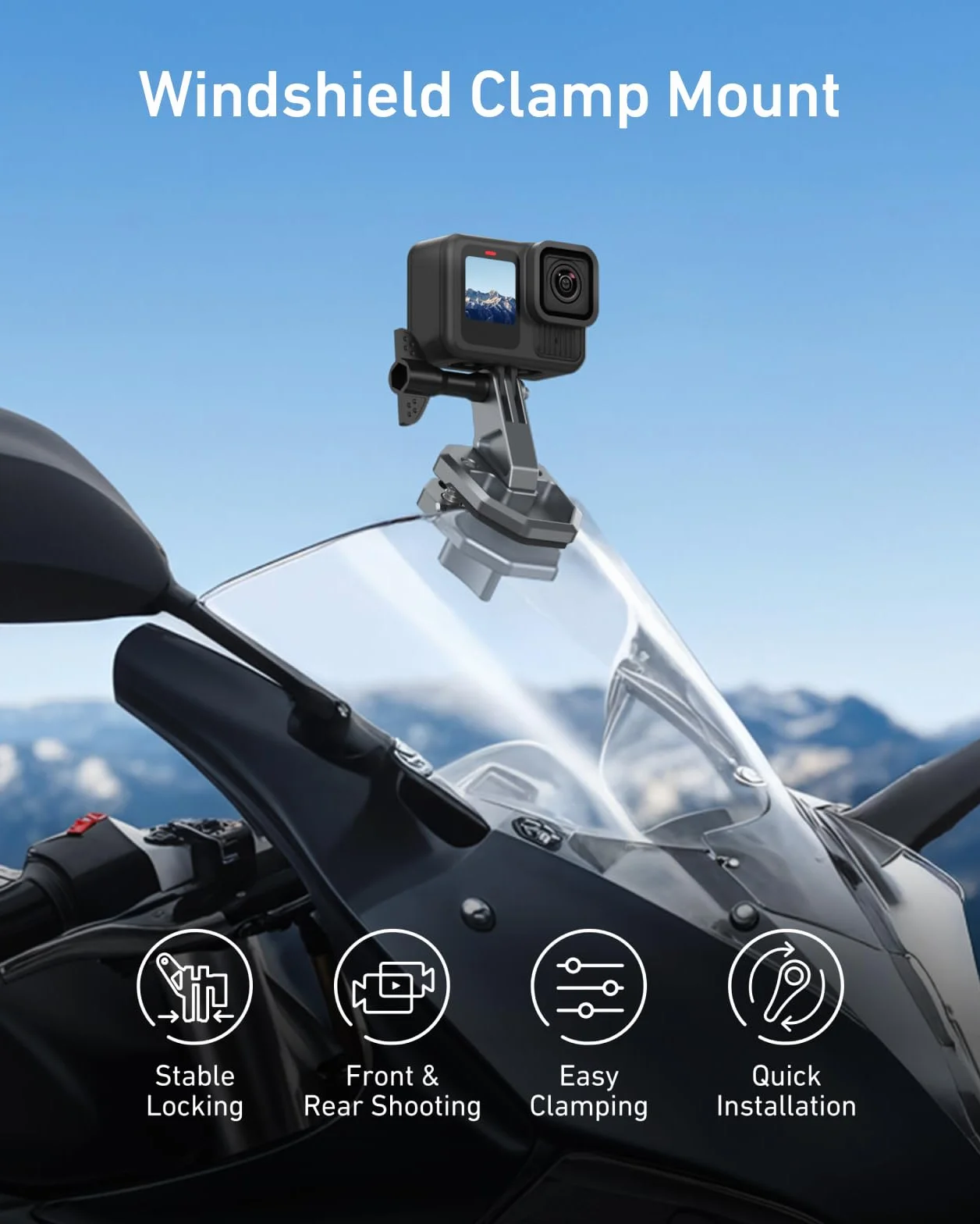TELESIN Soporte de Aluminio para Parabrisas de Moto con Abrazadera Clip Compatible con Hero 13 12 11 10 9 Insta360 X5 X4 X3 Ace Pro Osmo Action 6 5 Pro 4 3 2 Accesorios para Motos y cámaras de acción