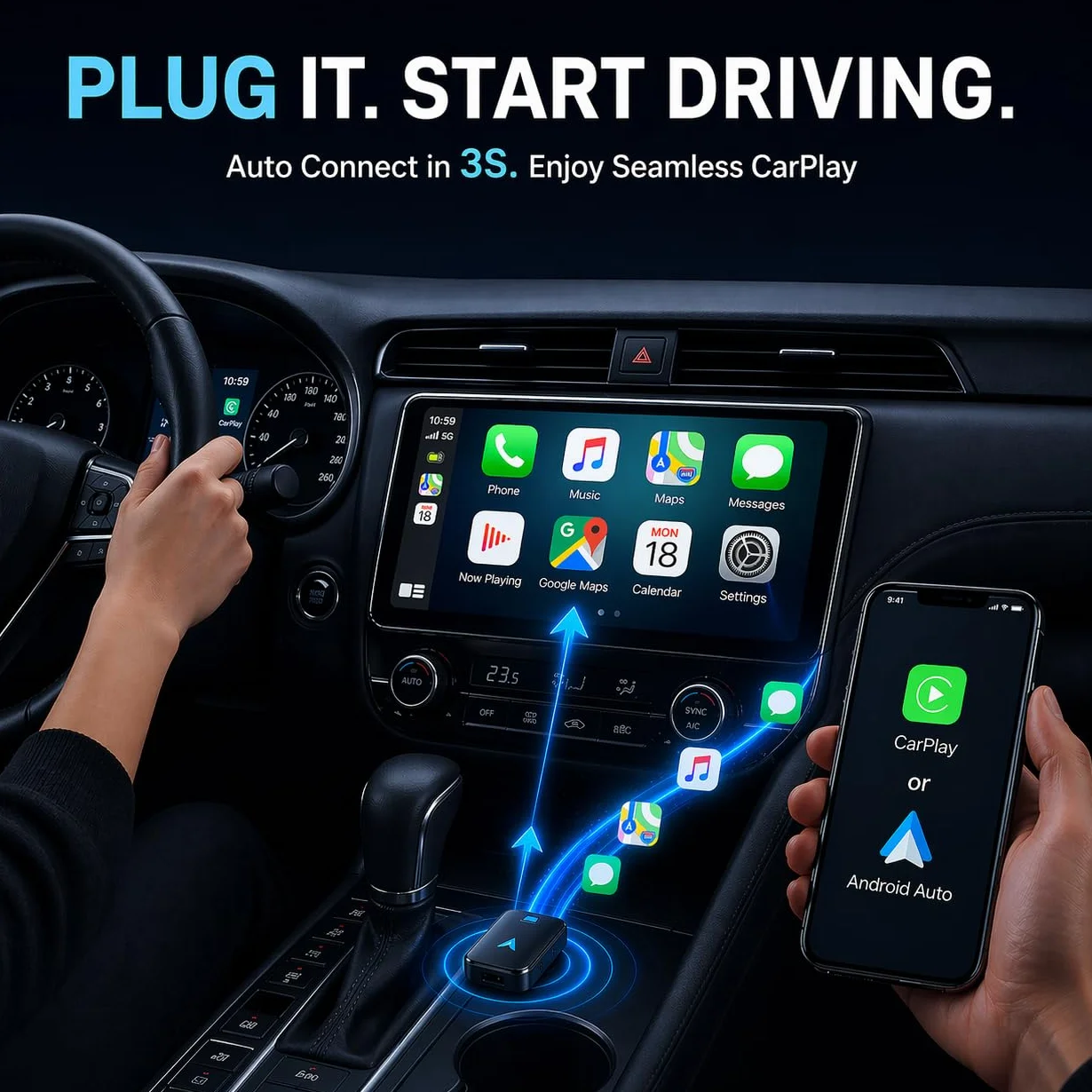 Adaptador CarPlay Inalámbrico, Android Auto Inalámbrico Wi-Fi 5,8GHz Plug & Play, iOS 10+ Android 10+, Conexión Rápida para Coches 2016+