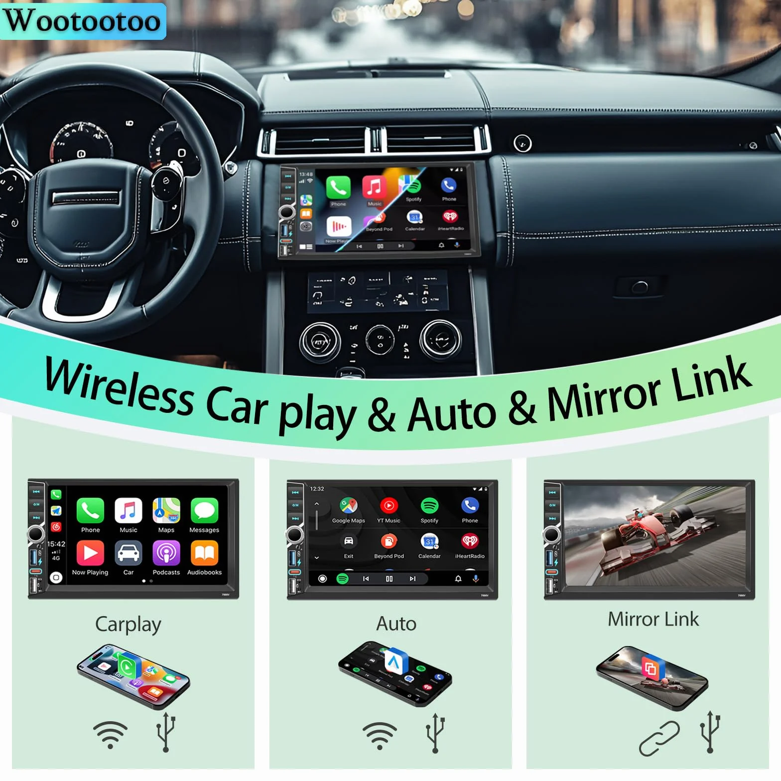 Radio estéreo para Coche 2 DIN con Bluetooth, CarPlay inalámbrico y Android Auto, Pantalla táctil HD de 7 Pulgadas, Radio FM RDS, Tipo C, Carga rápida, micrófono y cámara de visión Trasera
