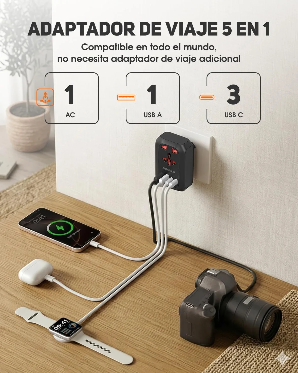 Adaptador Enchufe Universal, Internacional Adaptador de Viaje con 3 USB-C(PD 20W) y 1 USB-A, Enchufe Viaje para EU, UK, Americano, Japon, Australia, Negro