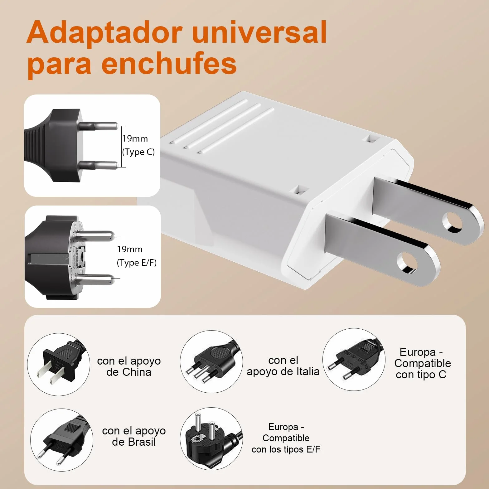 GRIFEMA Adaptador Enchufe USA Tipo A 4 Piezas, Adaptador de Viaje para Clavijas Tipo C/E/F/L/A/N, 6A 250V