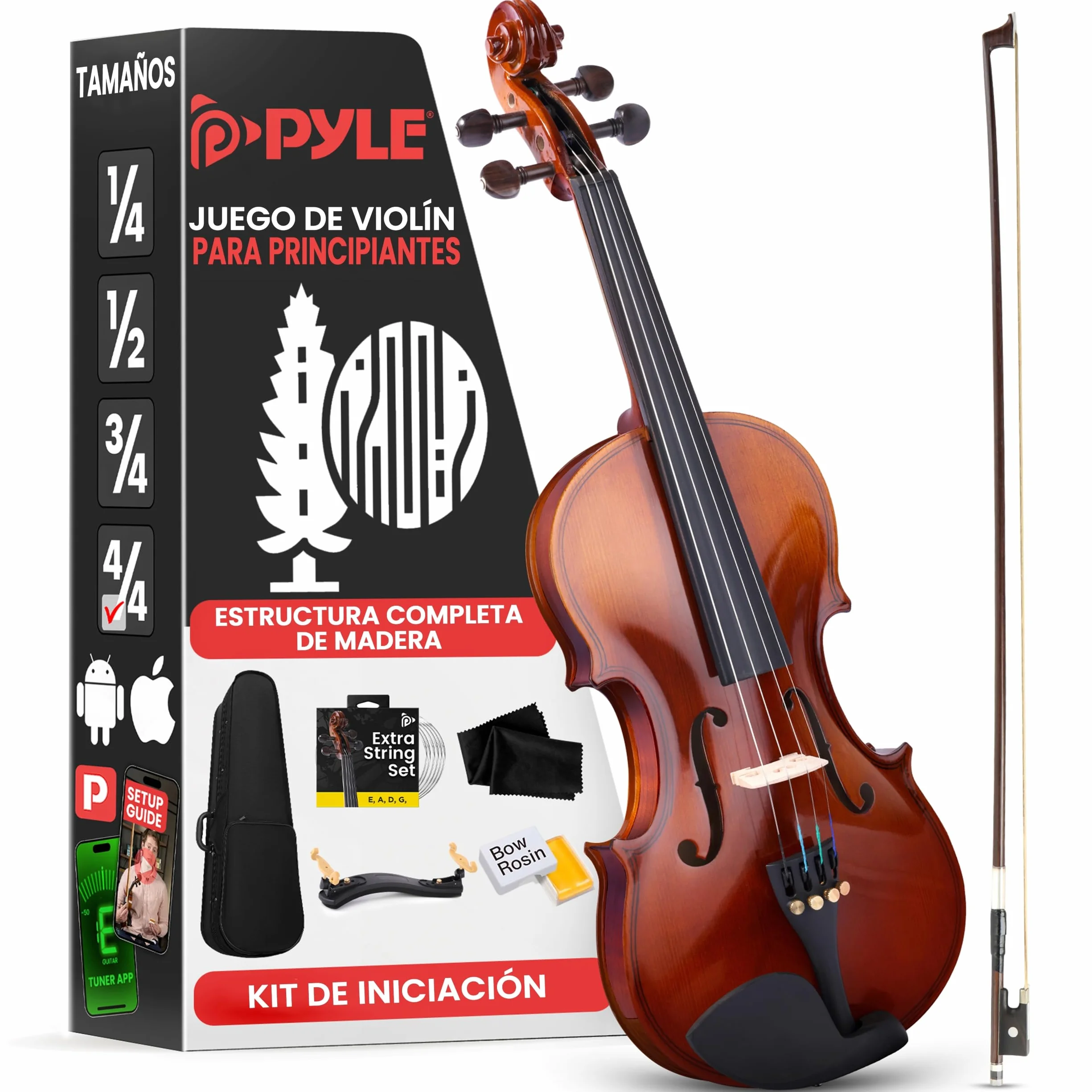 Pyle violin 4/4, Set para principiante y niños, Con estuche, Paño de limpieza, Reposabrazos ergonomico, Afinador digital, Cuerdas adicionales