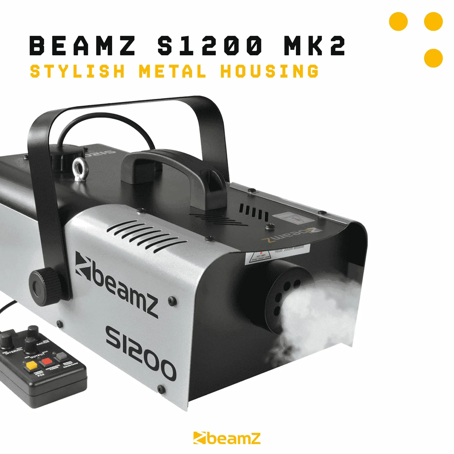 BeamZ S1200 MKII máquina de humo de 1200W, con tanque de 900ml. salida de 215m3 de humo por minuto, control remoto con cable de 3 metros con programador, sólida y fácil de transportar