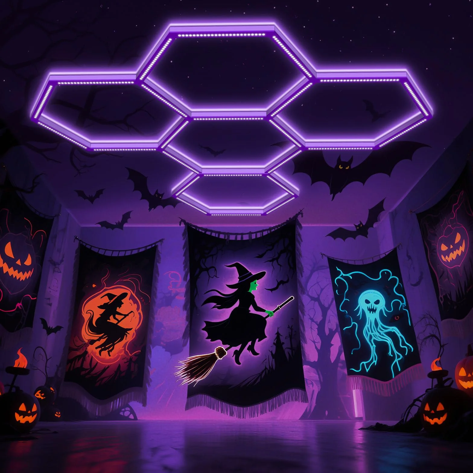 Luz negra hexagonal, 144 W, 5 rejillas LED de panal de abeja UV con enchufe de alimentación para luz de fiesta brillante, póster de pintura corporal, decoración fluorescente para fiesta de