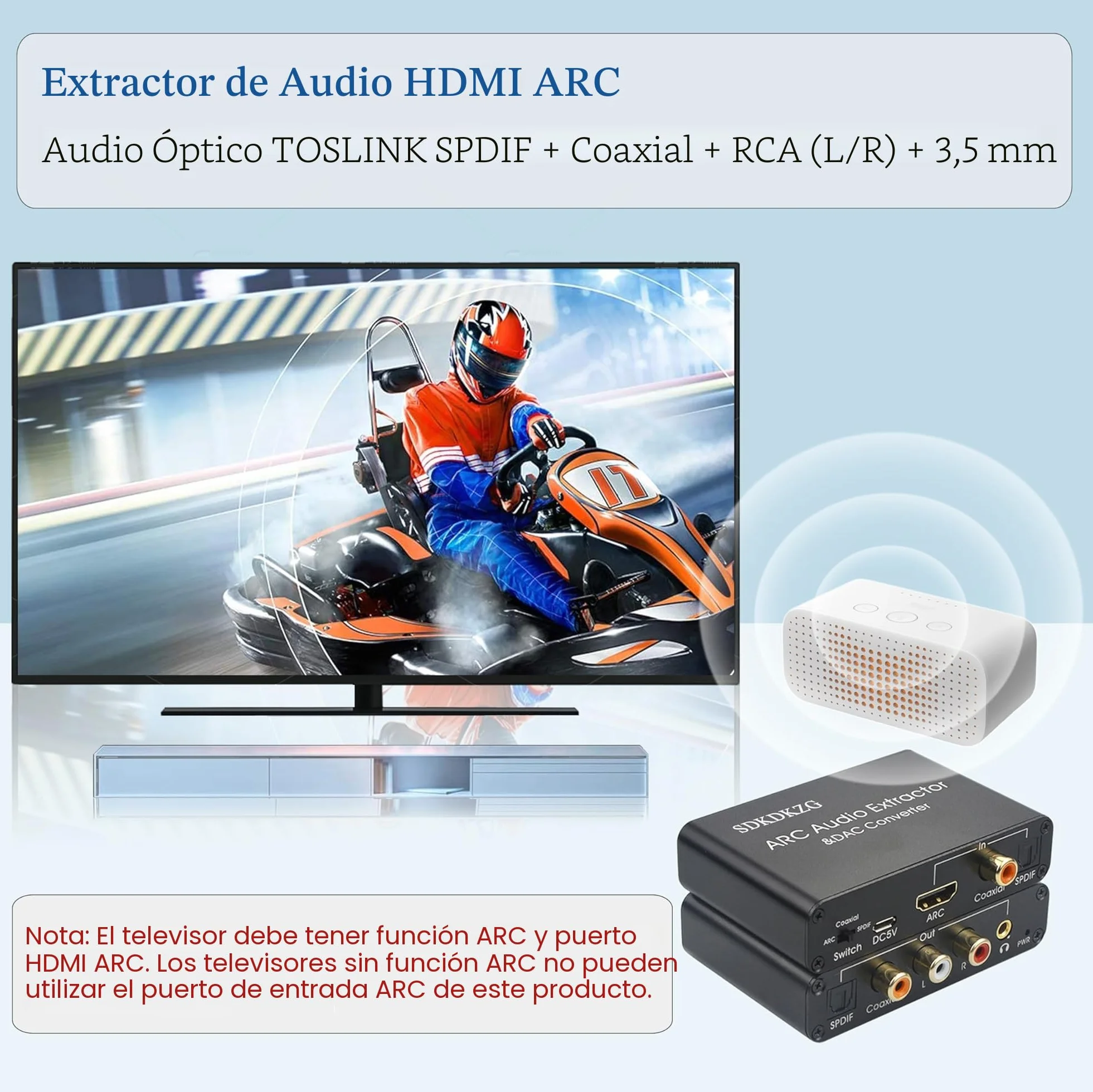 Extractor de audio HDMI ARC SPDIF óptico Toslink a RCA 3.5 mm Jack L/R, adaptador para amplificador HDTV