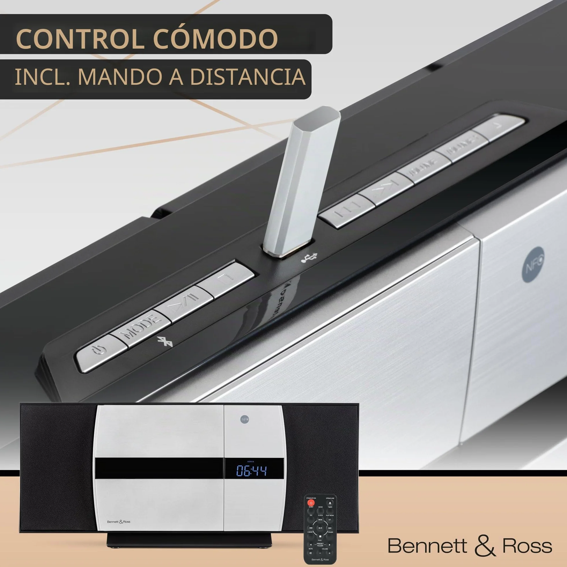 Bennett & Ross Ålesund Sistema estéreo Vertical Microsistema HiFi con Reproductor CD MP3 UKW USB Bluetooth NFC