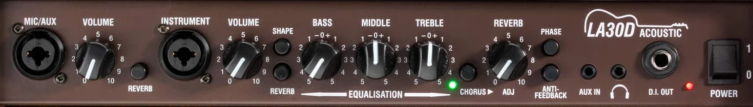 Laney LA30DAmplificador de guitarra acústica – Amplificador de combo de 30W de doble canal con entradas de micrófono y instrumento XLR o jack, reverberación, coro, anti retroalimentación - Marrón