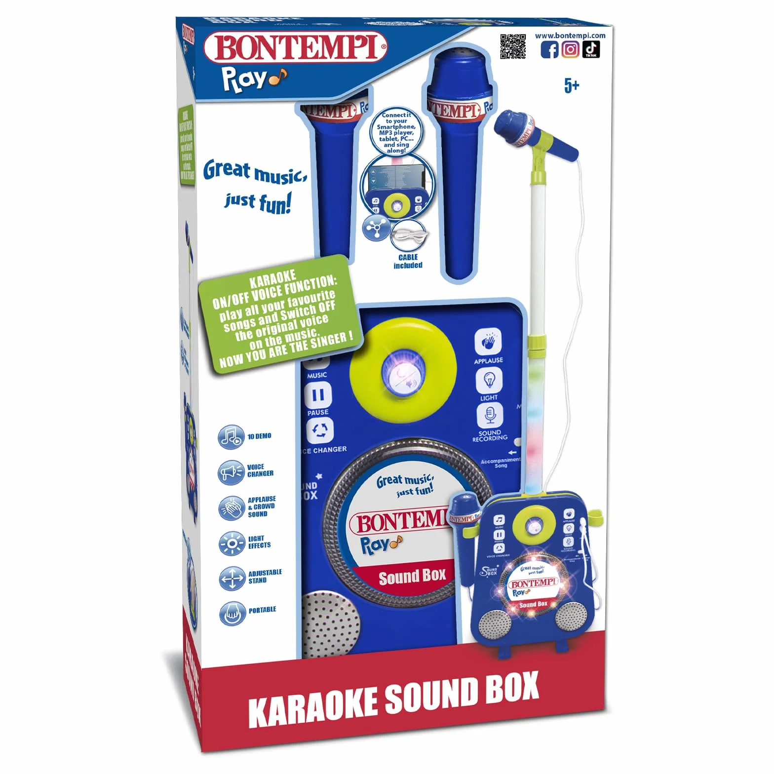 BONTEMPI - SoundHub Sound Box con 2 Micrófonos Ajustables, Soporte con Efectos Luminosos, 10 Canciones Pregrabadas, Función Karaoke, Grabación y Cambio de Voz 220x900x90 mm