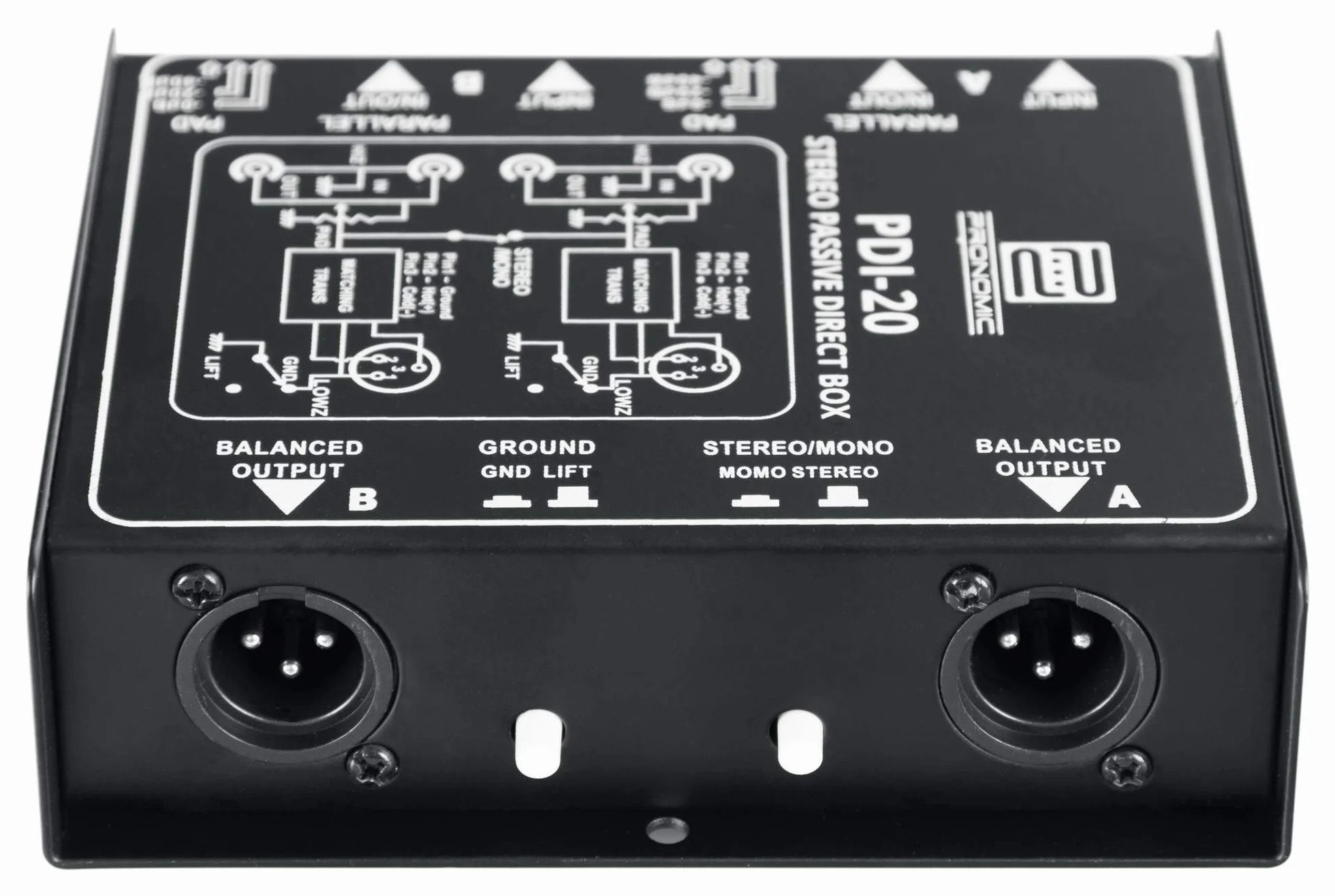 Pronomic PDI-20 caja DI pasiva estéreo - Rango de frecuencia: 15 Hz - 30 kHz - Interruptor estéreo/mono - Interruptor de atenuación - Ground-Lift - negro
