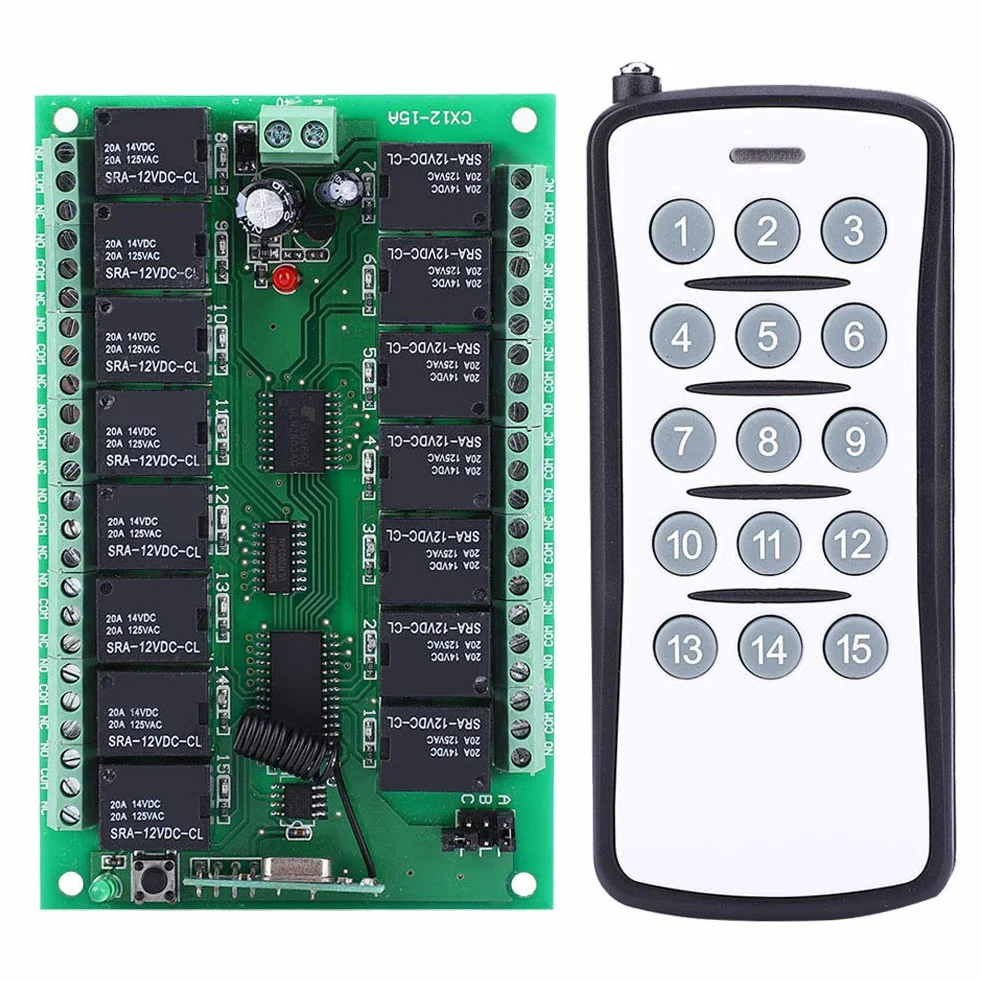 Transmisor de Interruptor de Control Remoto inalámbrico DC 12V Relé de 15 Canales con Placa receptora Autobloqueo/Enclavamiento/Jog