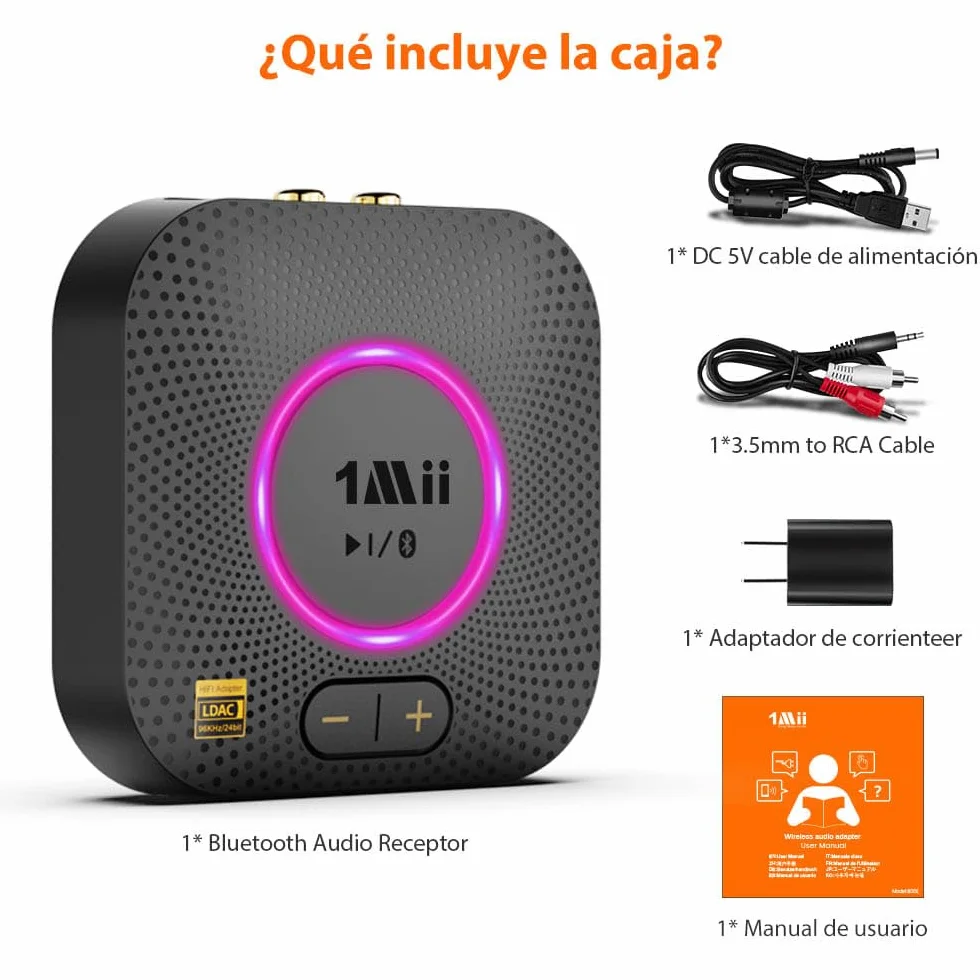 1Mii B06S+ LDAC Receptor Bluetooth 5.3 HiFi, Adaptador Audio Bluetooth con aptX Baja Latencia & HD, Salida RCA/AUX 3.5mm Jack, Control Volumen, 100ft Receptor de Largo Alcance para Estéreo Doméstico