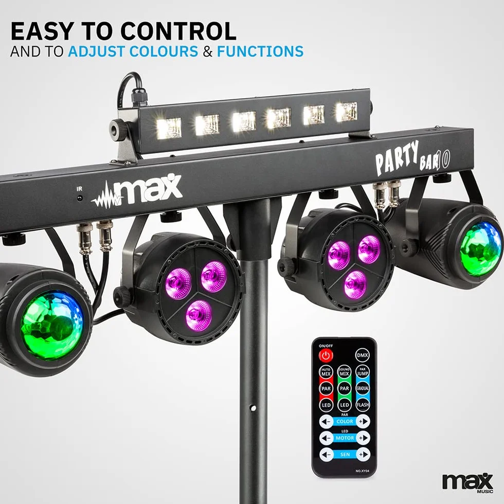 Max PARTYBAR10 | Set Luces Discoteca 2x Jelly Moon, 2x Foco PAR y UV/Flash Estrobo, Luz Fiesta Iluminacion LED Modo automático o DMX, Mando a Distancia y Trípode incluido, Preset Shows, Luces DJ