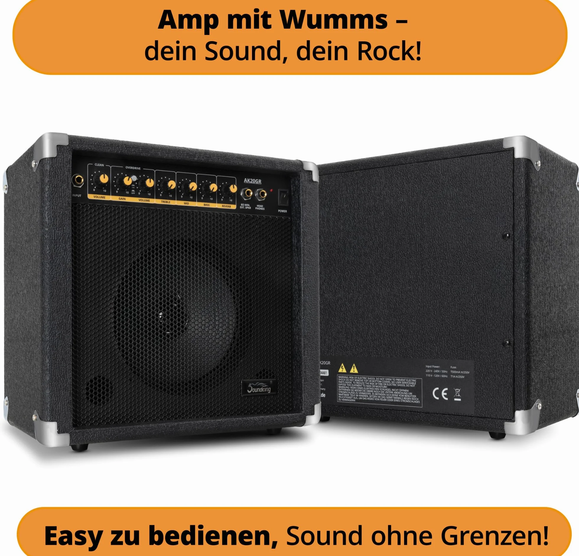 Amplificador de Guitarra Soundking AK20-GR 60W, Ecualizador 3 Bandas, Altavoz 8", 2 Canales (Limpio y Overdrive), Salida Auriculares, conexión Altavoz, Esquinas Protectoras Resistentes.