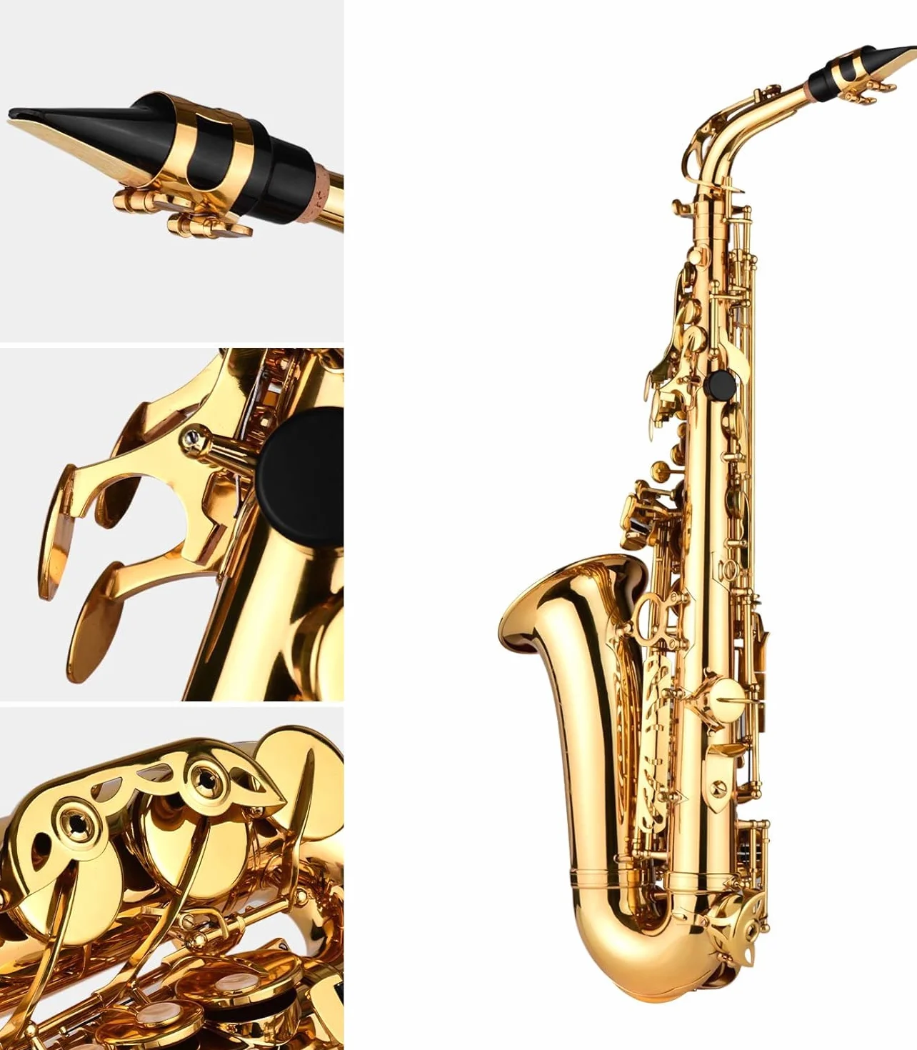 Saxofón tenor, cuerpo de latón, lacado dorado, instrumento de viento de madera con estuche de transporte, guantes, paño de limpieza, cepillo y correas para el cuello
